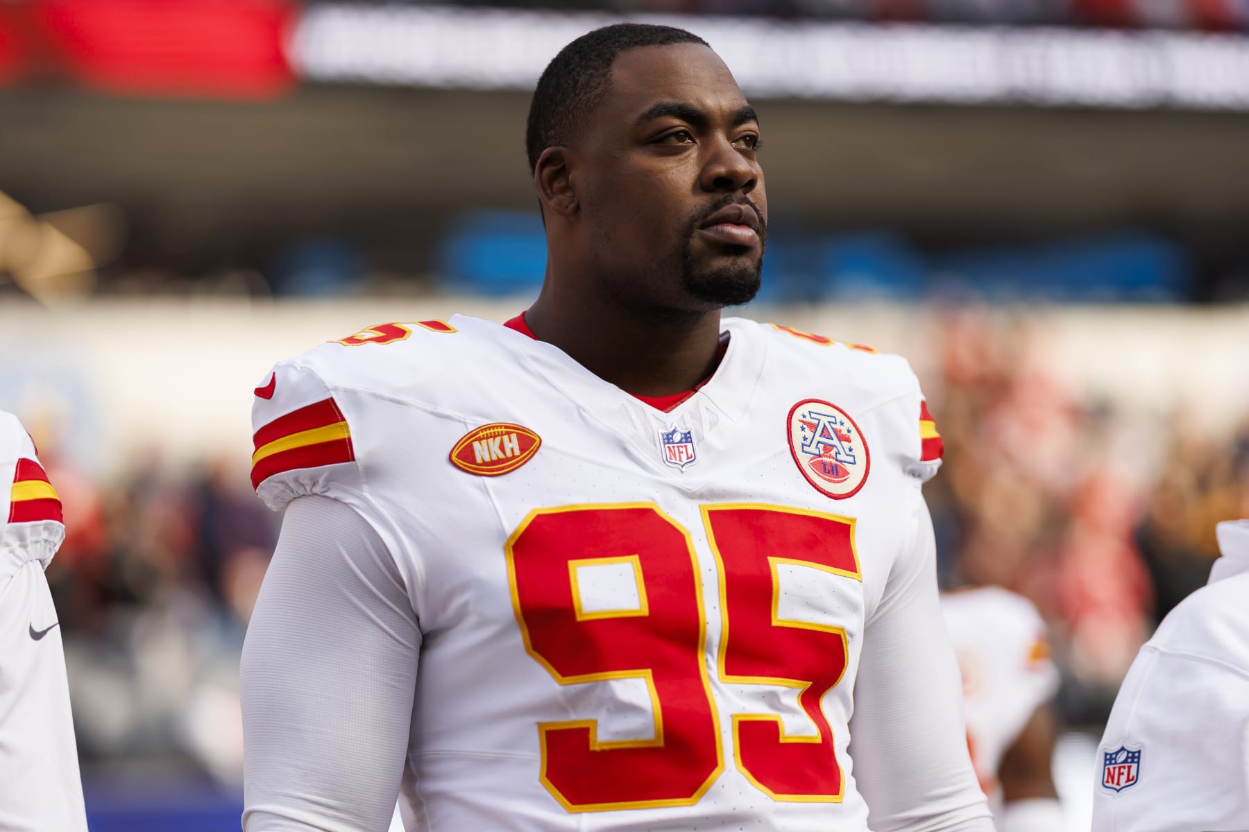INGLEWOOD, CALIFORNIA - JANUARY 07: Chris Jones #95 of the Kansas City Chiefs looks on from the sideline before an NFL football game against the Los Angeles Chargers at SoFi Stadium on January 7, 2024 in Inglewood, California. (Photo by Ryan Kang/Getty Images)