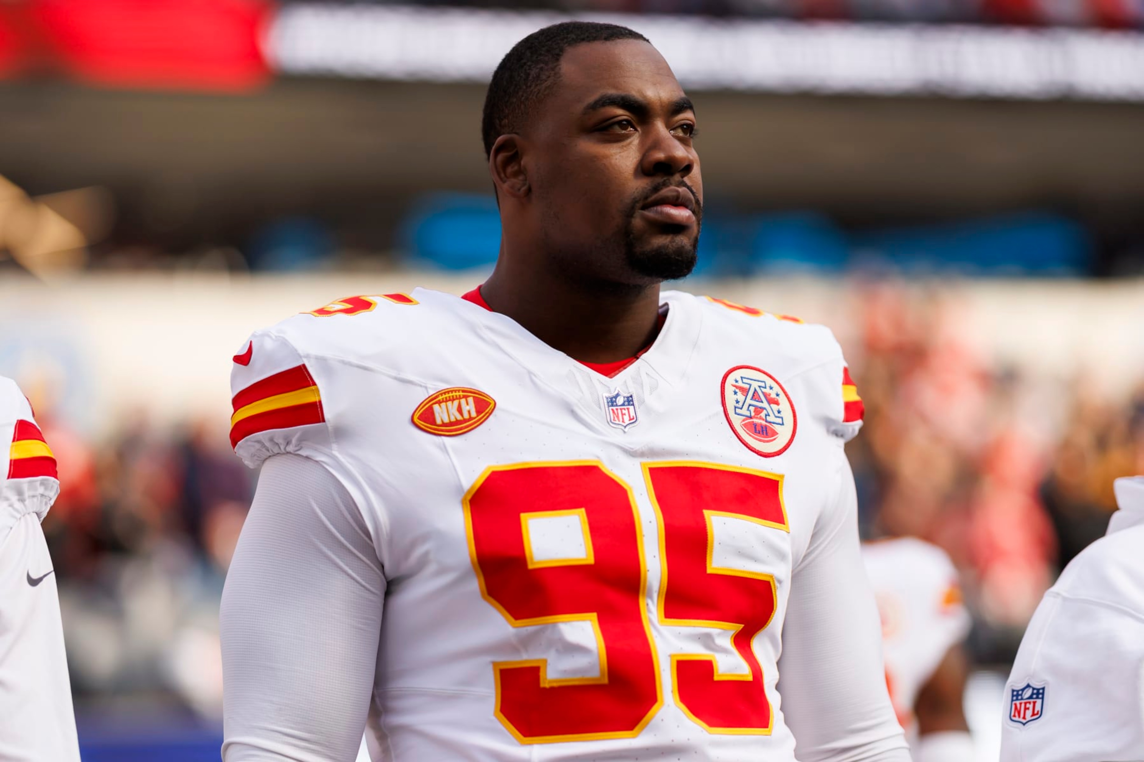 INGLEWOOD, CALIFORNIA - JANUARY 07: Chris Jones #95 of the Kansas City Chiefs looks on from the sideline before an NFL football game against the Los Angeles Chargers at SoFi Stadium on January 7, 2024 in Inglewood, California. (Photo by Ryan Kang/Getty Images) INGLEWOOD, CALIFORNIA - JANUARY 07: Chris Jones #95 of the Kansas City Chiefs looks on from the sideline before an NFL football game against the Los Angeles Chargers at SoFi Stadium on January 7, 2024 in Inglewood, California. (Photo by Ryan Kang/Getty Images)