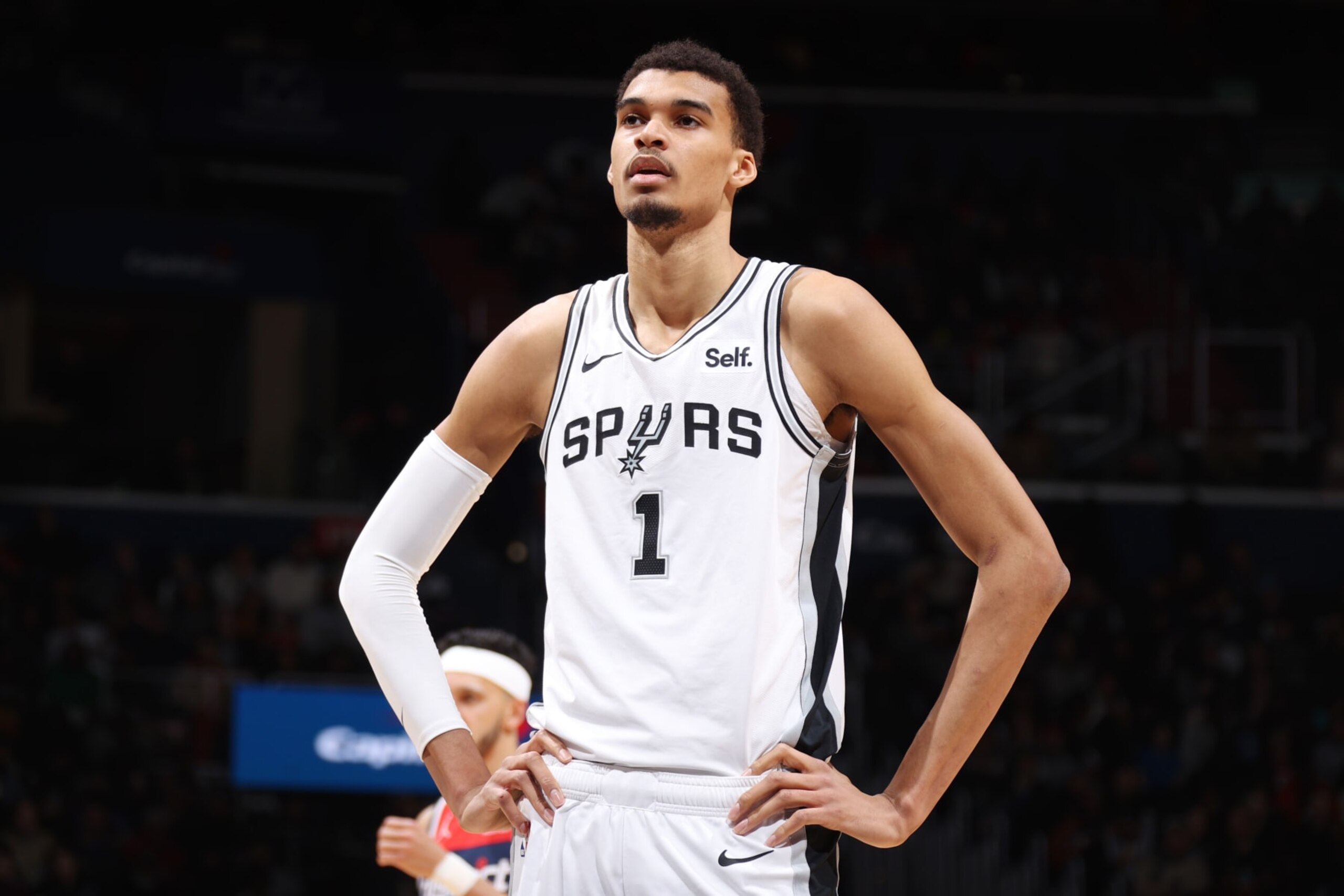 WASHINGTON, DC -  JANUARY 20: Victor Wembanyama #1 of the San Antonio Spurs look on during the game against the Washington Wizards on January 20, 2024 at Capital One Arena in Washington, DC. NOTE TO USER: User expressly acknowledges and agrees that, by downloading and or using this Photograph, user is consenting to the terms and conditions of the Getty Images License Agreement. Mandatory Copyright Notice: Copyright 2024 NBAE (Photo by Stephen Gosling/NBAE via Getty Images)