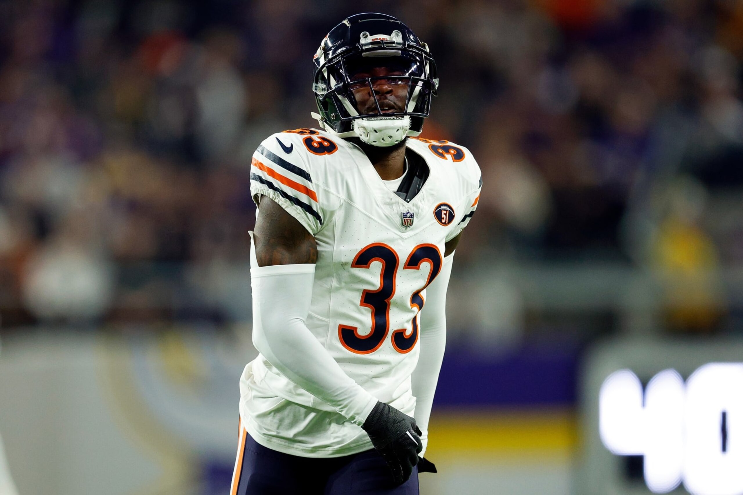 MINNEAPOLIS, MINNESOTA - NOVEMBER 27: Jaylon Johnson #33 of the Chicago Bears looks on against the Minnesota Vikings in the first half at U.S. Bank Stadium on November 27, 2023 in Minneapolis, Minnesota. The Bears defeated the Vikings 12-10. (Photo by David Berding/Getty Images)