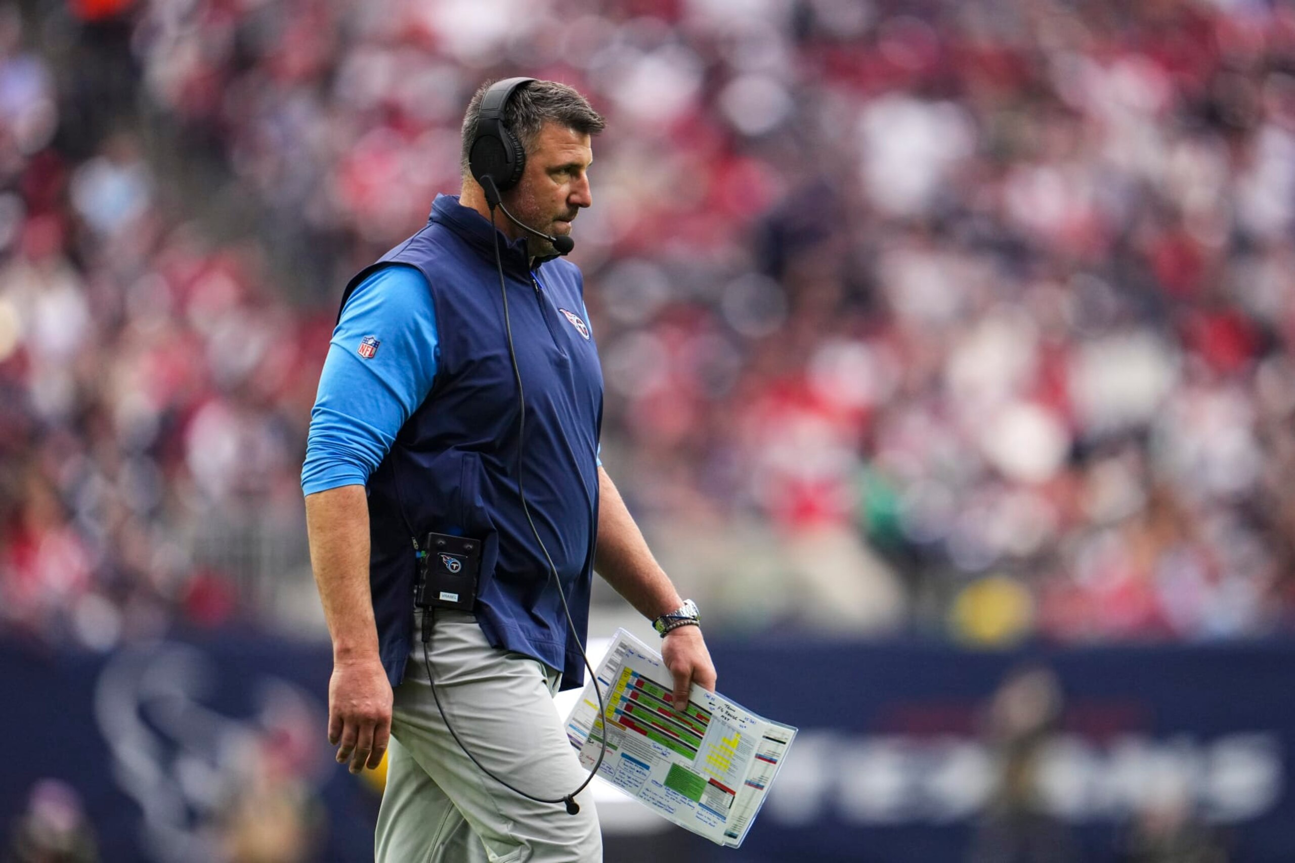 HOUSTON, TX - DECEMBER 31: Tennessee Titans head coach Mike Vrabel looks on from the sideline during an NFL football game against the Houston Texans at NRG Stadium on December 31, 2023 in Houston, Texas. (Photo by Cooper Neill/Getty Images) HOUSTON, TX - DECEMBER 31: Tennessee Titans head coach Mike Vrabel looks on from the sideline during an NFL football game against the Houston Texans at NRG Stadium on December 31, 2023 in Houston, Texas. (Photo by Cooper Neill/Getty Images)