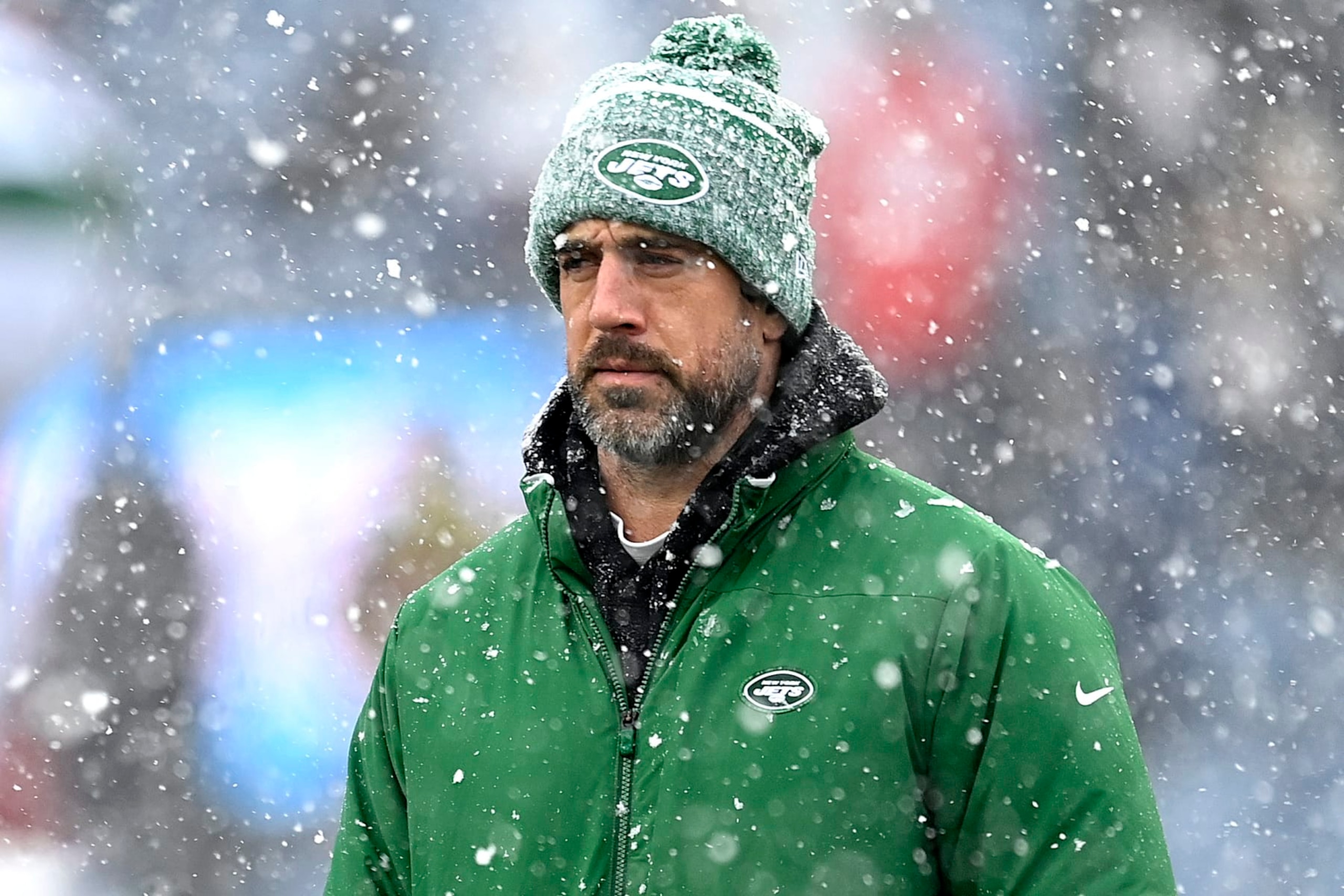FOXBOROUGH, MASSACHUSETTS - JANUARY 07: Aaron Rodgers #8 of the New York Jets looks on before a game against the New England Patriots at Gillette Stadium on January 07, 2024 in Foxborough, Massachusetts. (Photo by Billie Weiss/Getty Images)