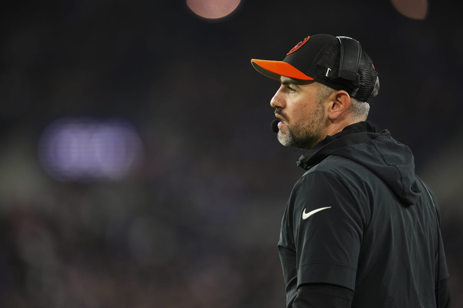 BALTIMORE, MD - NOVEMBER 16: Brian Callahan of the Cincinnati Bengals looks on from the sideline during an NFL football game against the Baltimore Ravens at M&T Bank Stadium on November 16, 2023 in Baltimore, Maryland. (Photo by Cooper Neill/Getty Images)