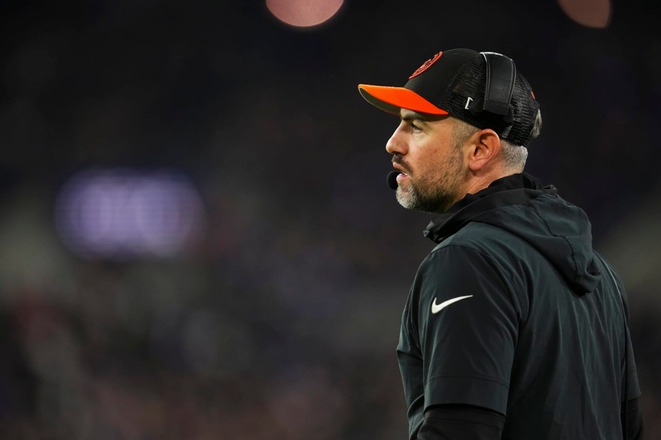 BALTIMORE, MD - NOVEMBER 16: Brian Callahan of the Cincinnati Bengals looks on from the sideline during an NFL football game against the Baltimore Ravens at M&T Bank Stadium on November 16, 2023 in Baltimore, Maryland. (Photo by Cooper Neill/Getty Images)