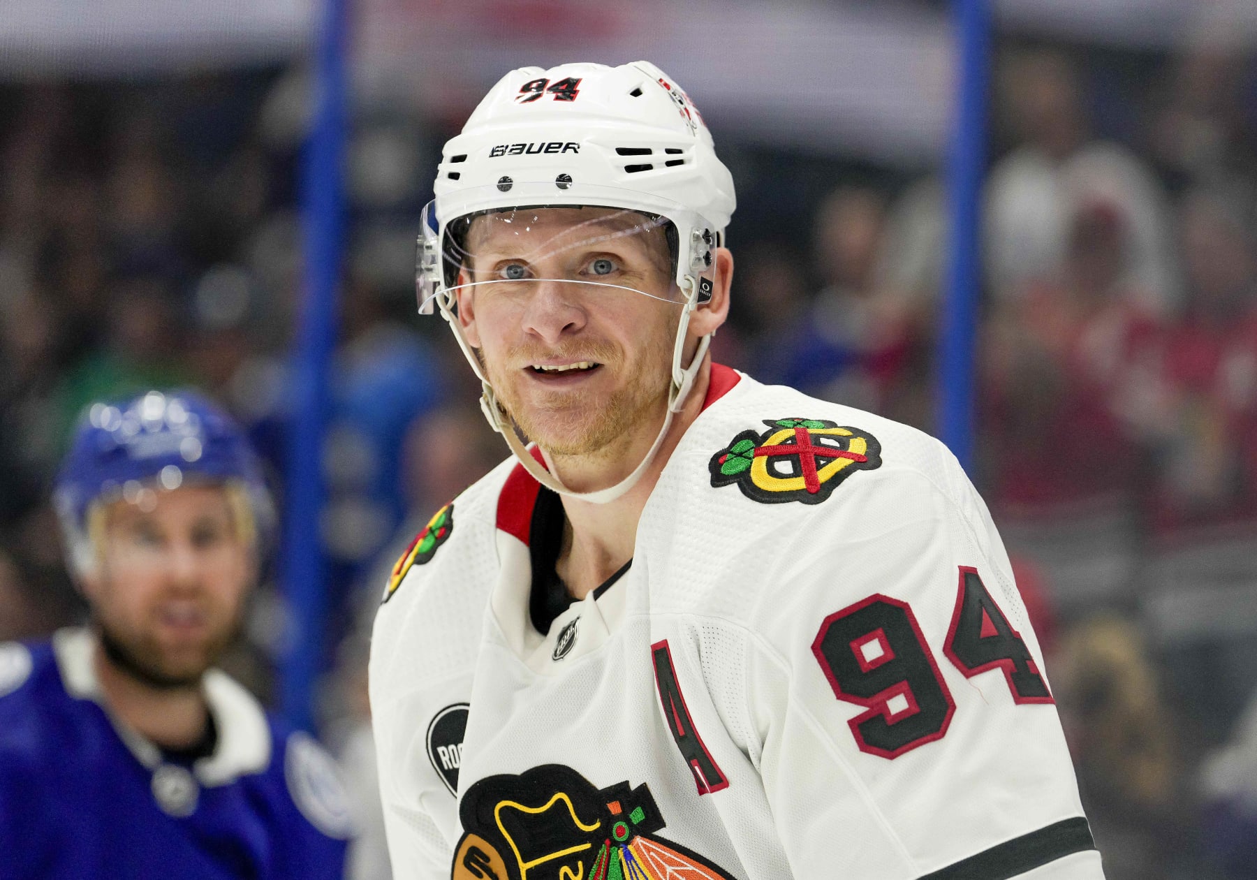 TAMPA, FL - NOVEMBER 09: Chicago Blackhawks right wing Corey Perry (94)  during the NHL Hockey match between the Tampa Bay Lightning and Chicago Blackhawks on November 9th, 2023 at Amalie Arena in Tampa, FL. (Photo by Andrew Bershaw/Icon Sportswire via Getty Images)