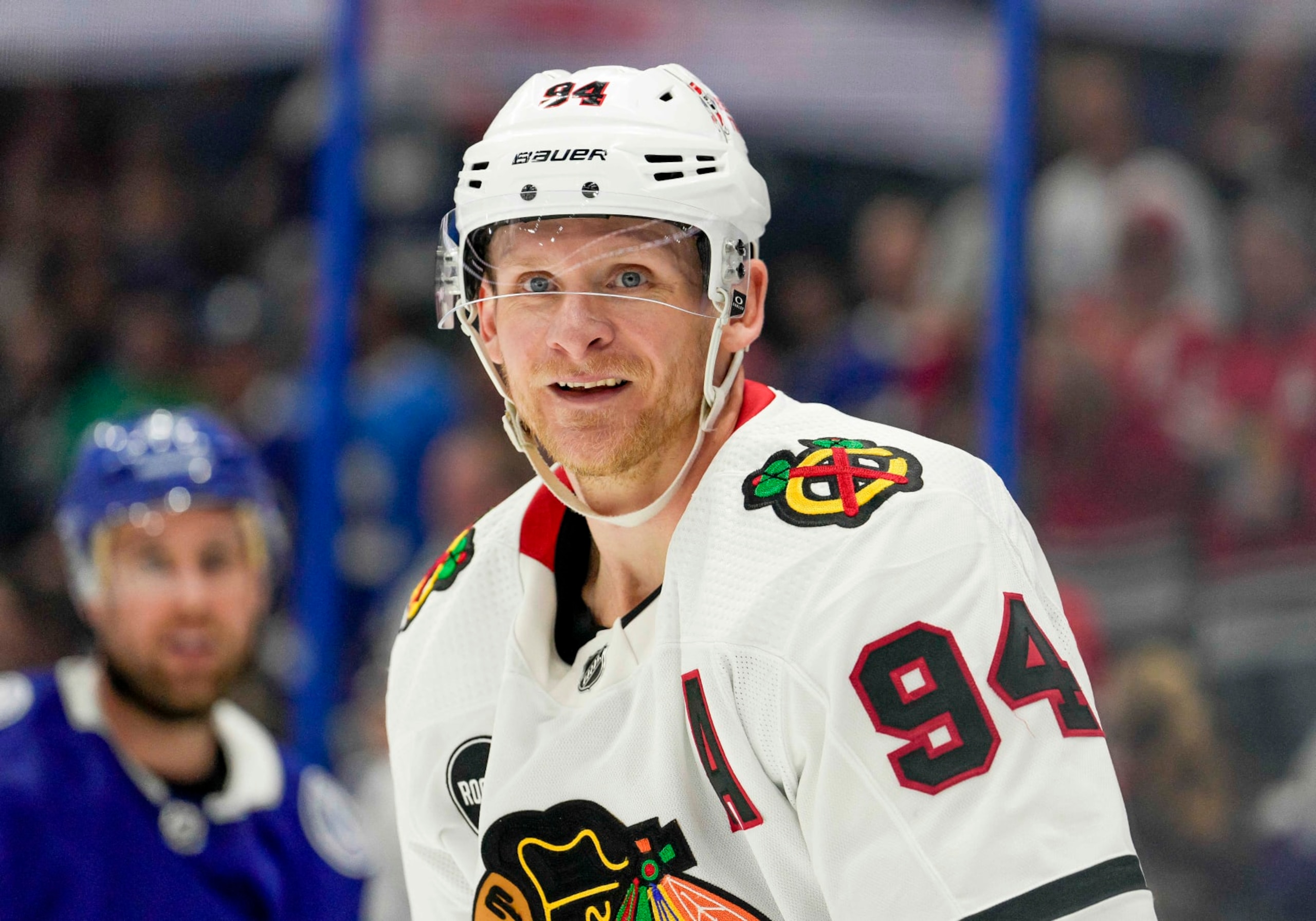 TAMPA, FL - NOVEMBER 09: Chicago Blackhawks right wing Corey Perry (94)  during the NHL Hockey match between the Tampa Bay Lightning and Chicago Blackhawks on November 9th, 2023 at Amalie Arena in Tampa, FL. (Photo by Andrew Bershaw/Icon Sportswire via Getty Images)