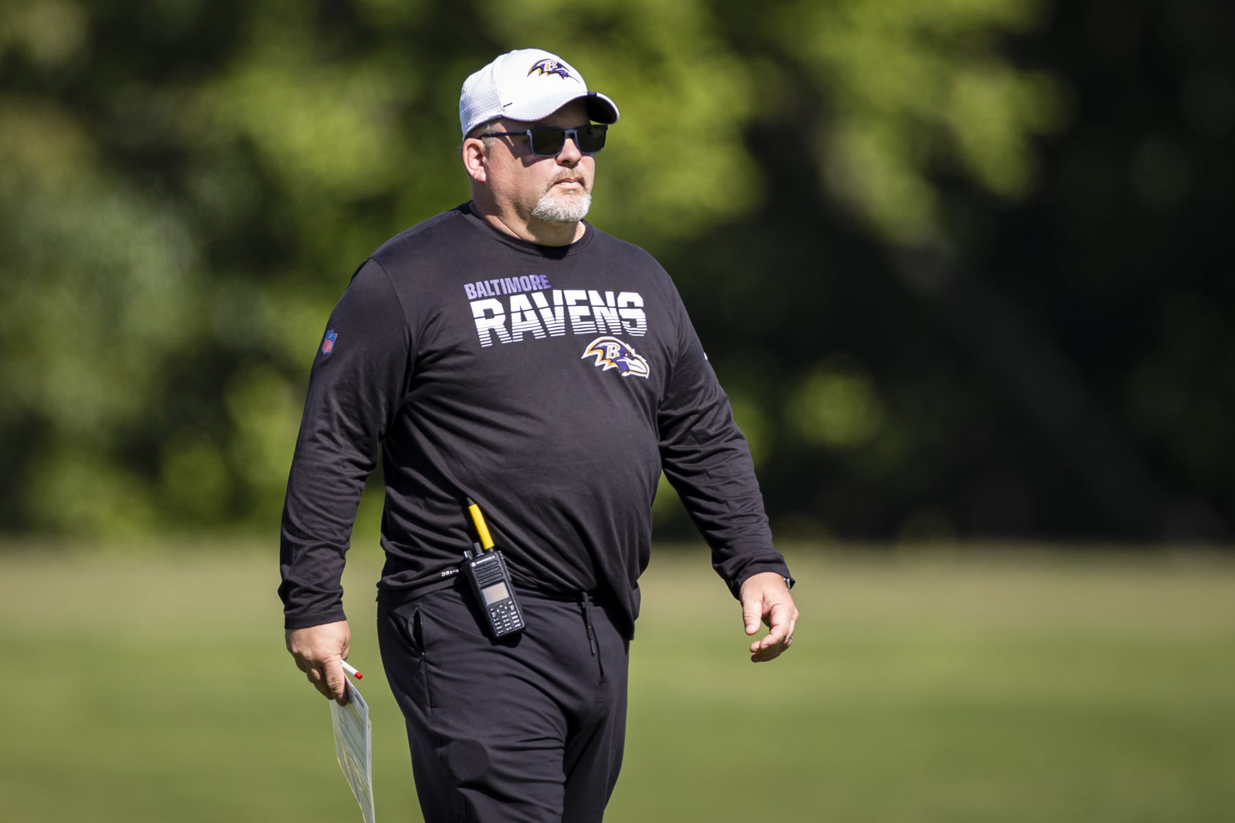 OWINGS MILLS, MD - JUNE 16: Offensive coordinator Greg Roman of the Baltimore Ravens looks on during mandatory minicamp at Under Armour Performance Center on June 16, 2021 in Owings Mills, Maryland. (Photo by Scott Taetsch/Getty Images)