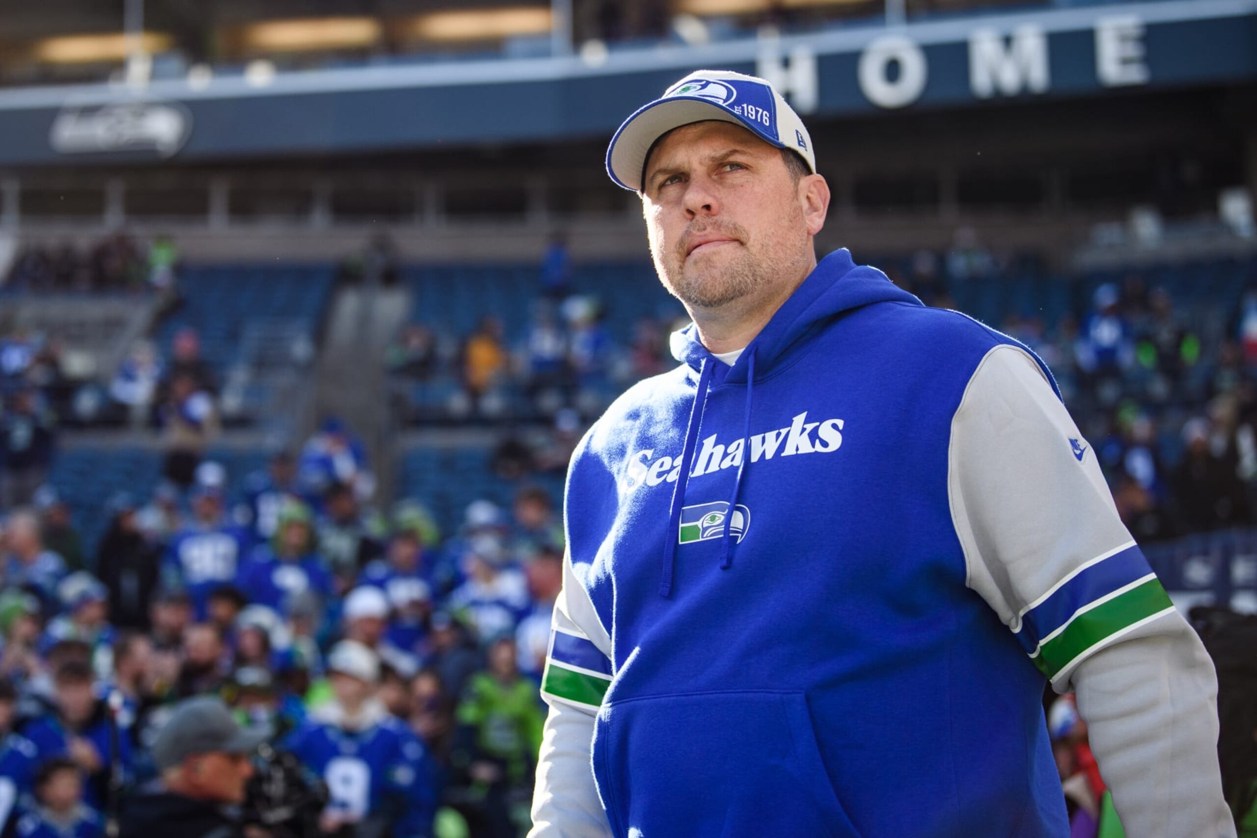 SEATTLE, WASHINGTON - OCTOBER 29: Offensive Coordinator Shane Waldron of the Seattle Seahawks before the game against the Cleveland Browns at Lumen Field on October 29, 2023 in Seattle, Washington. (Photo by Jane Gershovich/Getty Images)