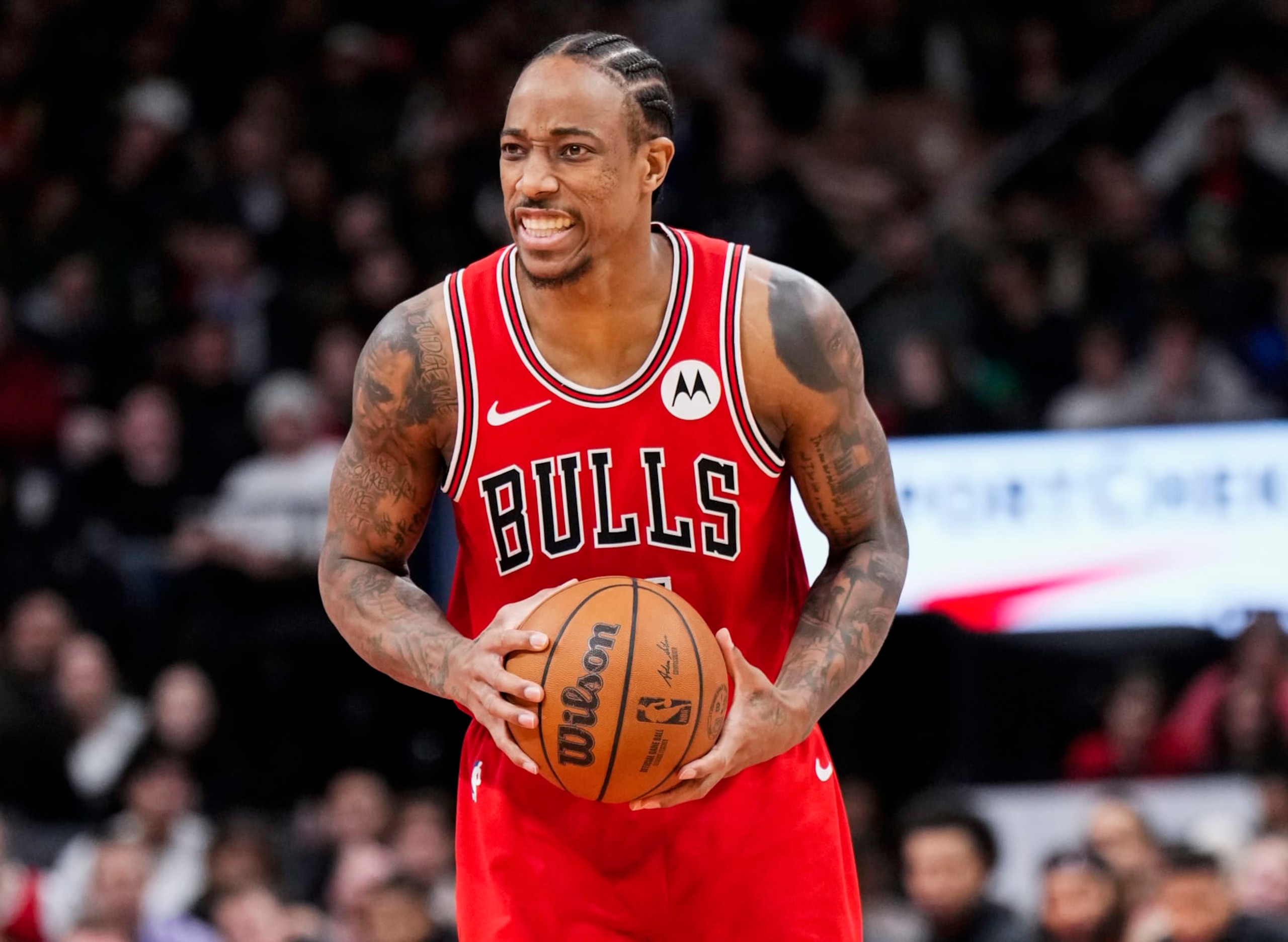 TORONTO, ON - JANUARY 18: DeMar DeRozan #11 of the Chicago Bulls reacts against the Toronto Raptors during the second half of their basketball game at the Scotiabank Arena on January 18, 2024 in Toronto, Ontario, Canada. NOTE TO USER: User expressly acknowledges and agrees that, by downloading and/or using this Photograph, user is consenting to the terms and conditions of the Getty Images License Agreement. (Photo by Mark Blinch/Getty Images)