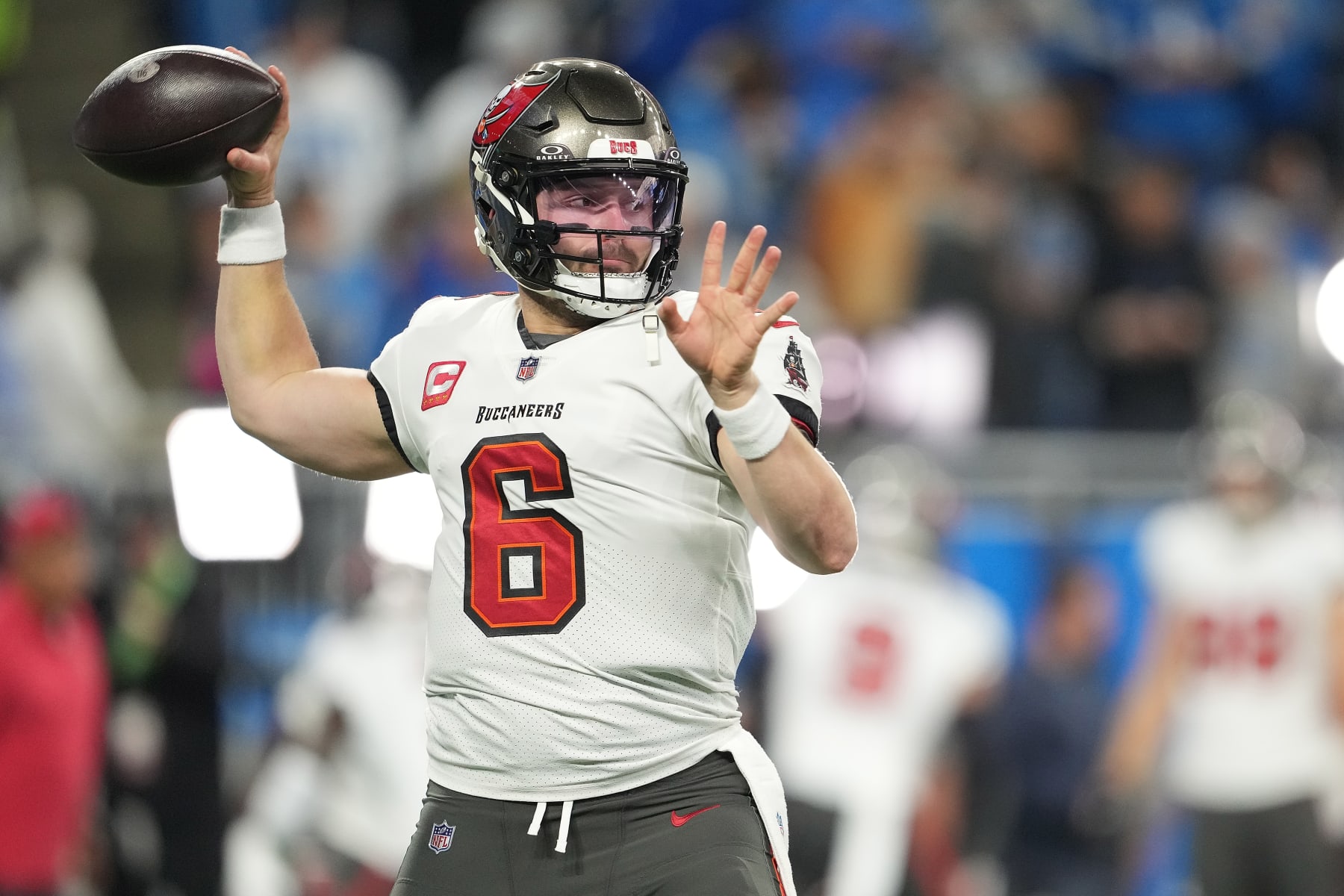 DETROIT, MICHIGAN - JANUARY 21: Baker Mayfield #6 of the Tampa Bay Buccaneers participates in warmups prior to the NFC Divisional Playoff game against the Detroit Lions at Ford Field on January 21, 2024 in Detroit, Michigan. (Photo by Nic Antaya/Getty Images)