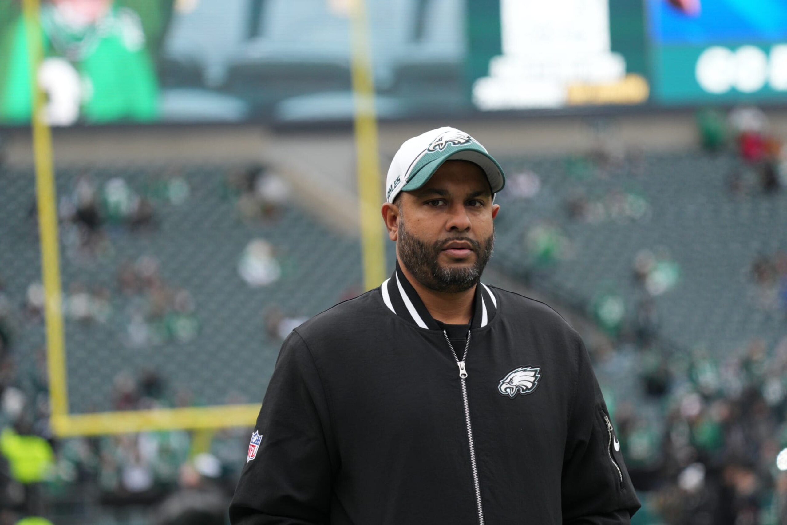 PHILADELPHIA, PA - DECEMBER 31: Philadelphia Eagles defensive coordinator Sean Desai looks on during the game between the Arizona Cardinals and the Philadelphia Eagles on December 31, 2023 at Lincoln Financial Field. (Photo by Andy Lewis/Icon Sportswire via Getty Images)