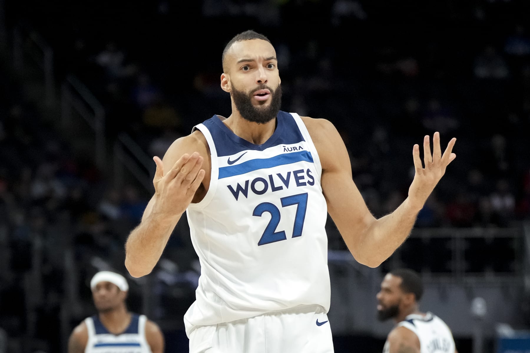 DETROIT, MICHIGAN - JANUARY 17: Rudy Gobert #27 of the Minnesota Timberwolves reacts against the Detroit Pistons during the first quarter at Little Caesars Arena on January 17, 2024 in Detroit, Michigan. NOTE TO USER: User expressly acknowledges and agrees that, by downloading and or using this photograph, User is consenting to the terms and conditions of the Getty Images License Agreement. (Photo by Nic Antaya/Getty Images)