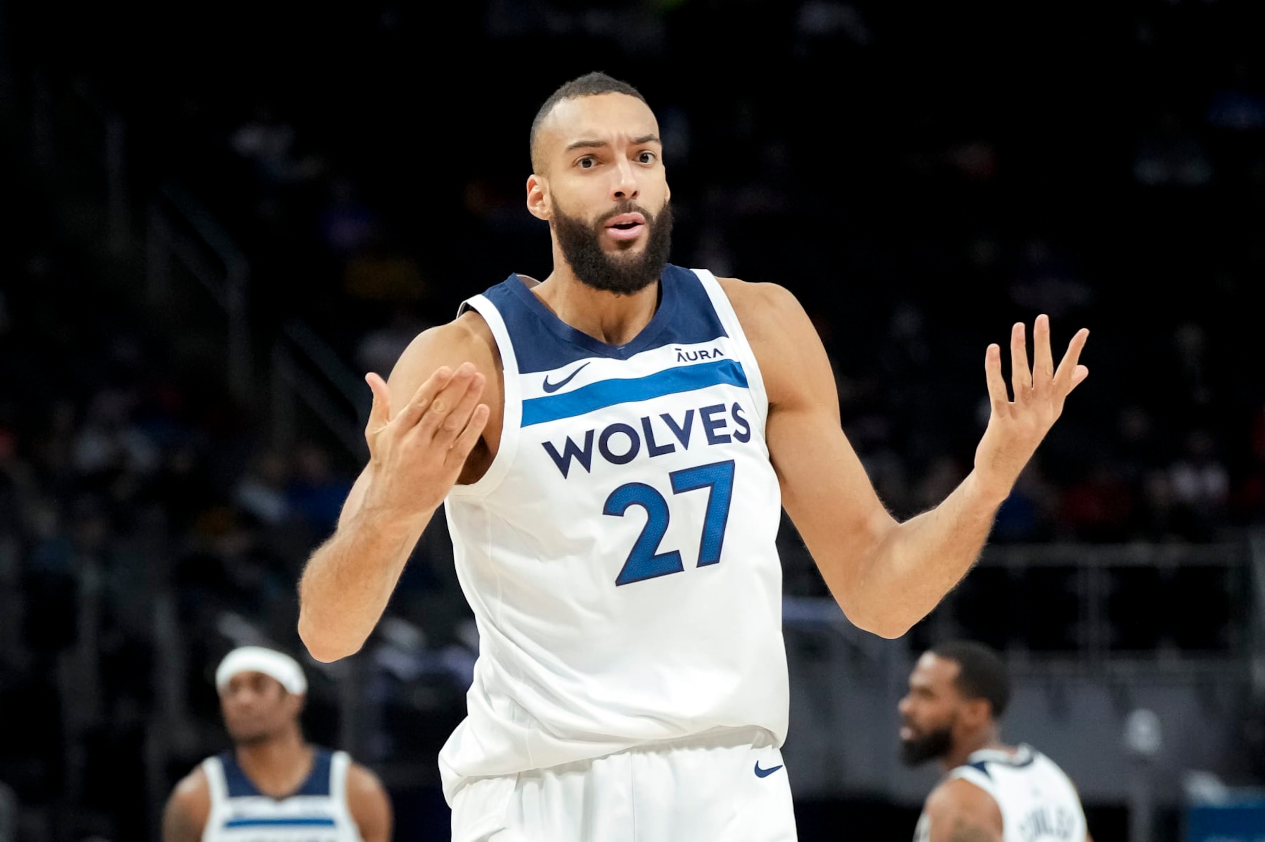 DETROIT, MICHIGAN - JANUARY 17: Rudy Gobert #27 of the Minnesota Timberwolves reacts against the Detroit Pistons during the first quarter at Little Caesars Arena on January 17, 2024 in Detroit, Michigan. NOTE TO USER: User expressly acknowledges and agrees that, by downloading and or using this photograph, User is consenting to the terms and conditions of the Getty Images License Agreement. (Photo by Nic Antaya/Getty Images) DETROIT, MICHIGAN - JANUARY 17: Rudy Gobert #27 of the Minnesota Timberwolves reacts against the Detroit Pistons during the first quarter at Little Caesars Arena on January 17, 2024 in Detroit, Michigan. NOTE TO USER: User expressly acknowledges and agrees that, by downloading and or using this photograph, User is consenting to the terms and conditions of the Getty Images License Agreement. (Photo by Nic Antaya/Getty Images)