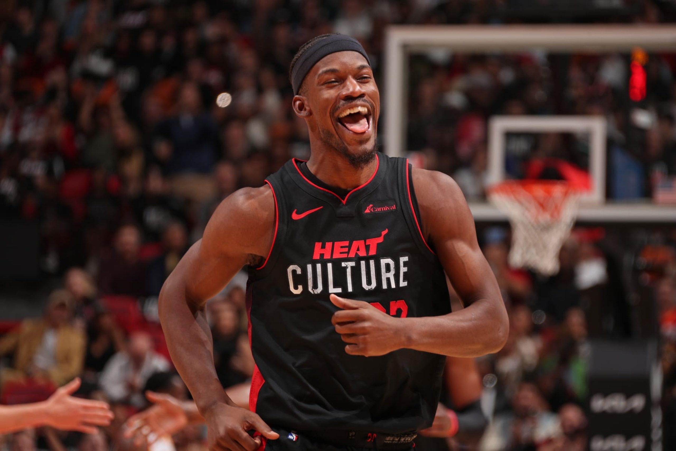MIAMI, FL - JANUARY 19: Jimmy Butler #22 of the Miami Heat smiles during the game against the Atlanta Hawks on January 19, 2024 at Kaseya Center in Miami, Florida. NOTE TO USER: User expressly acknowledges and agrees that, by downloading and or using this Photograph, user is consenting to the terms and conditions of the Getty Images License Agreement. Mandatory Copyright Notice: Copyright 2024 NBAE (Photo by Issac Baldizon/NBAE via Getty Images) MIAMI, FL - JANUARY 19: Jimmy Butler #22 of the Miami Heat smiles during the game against the Atlanta Hawks on January 19, 2024 at Kaseya Center in Miami, Florida. NOTE TO USER: User expressly acknowledges and agrees that, by downloading and or using this Photograph, user is consenting to the terms and conditions of the Getty Images License Agreement. Mandatory Copyright Notice: Copyright 2024 NBAE (Photo by Issac Baldizon/NBAE via Getty Images)