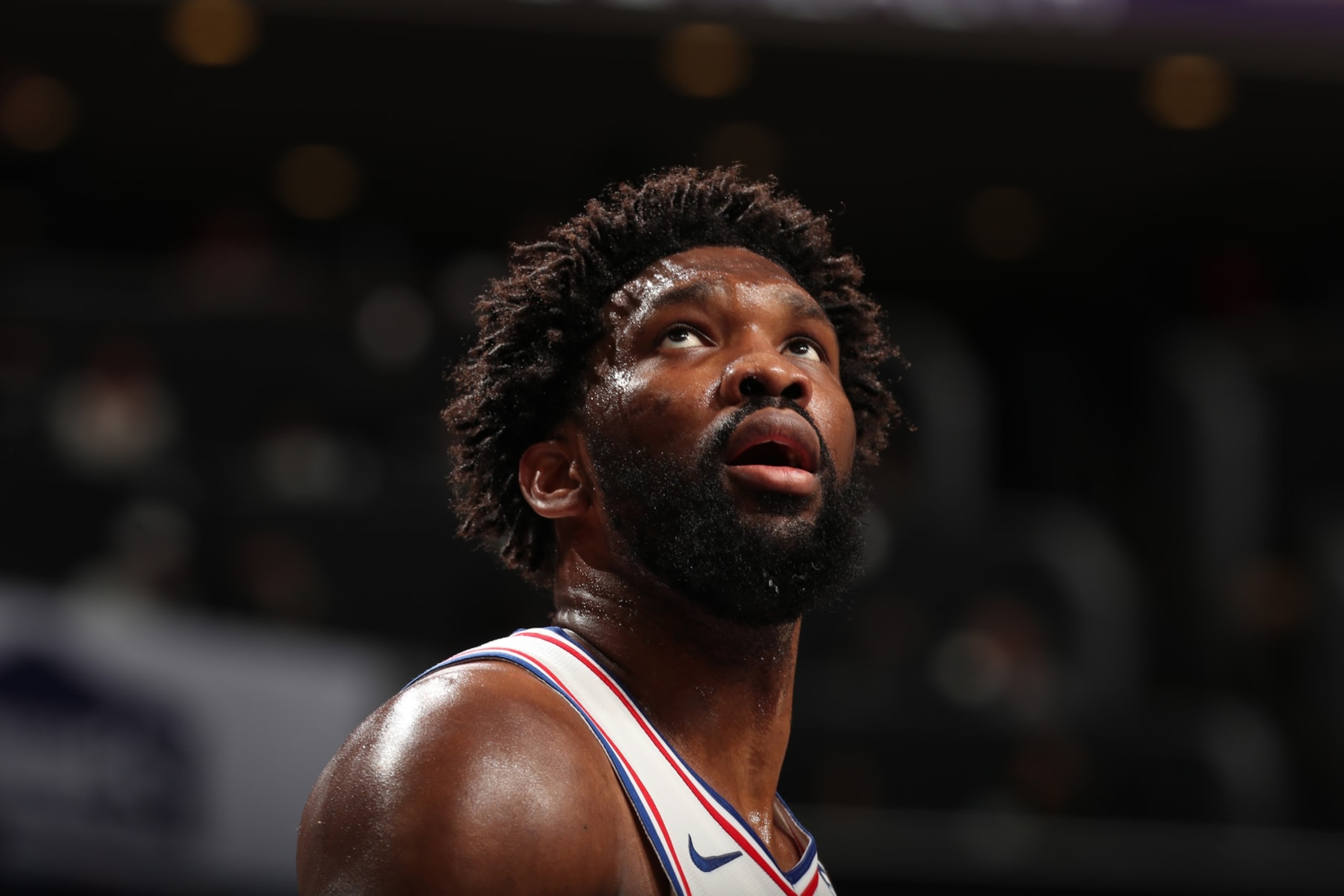 CHARLOTTE, NC - JANUARY 20: Joel Embiid #21 of the Philadelphia 76ers looks on during the game Charlotte Hornets on January 20, 2024 at Spectrum Center in Charlotte, North Carolina. NOTE TO USER: User expressly acknowledges and agrees that, by downloading and or using this photograph, User is consenting to the terms and conditions of the Getty Images License Agreement. Mandatory Copyright Notice: Copyright 2024 NBAE (Photo by Kent Smith/NBAE via Getty Images) CHARLOTTE, NC - JANUARY 20: Joel Embiid #21 of the Philadelphia 76ers looks on during the game Charlotte Hornets on January 20, 2024 at Spectrum Center in Charlotte, North Carolina. NOTE TO USER: User expressly acknowledges and agrees that, by downloading and or using this photograph, User is consenting to the terms and conditions of the Getty Images License Agreement. Mandatory Copyright Notice: Copyright 2024 NBAE (Photo by Kent Smith/NBAE via Getty Images)