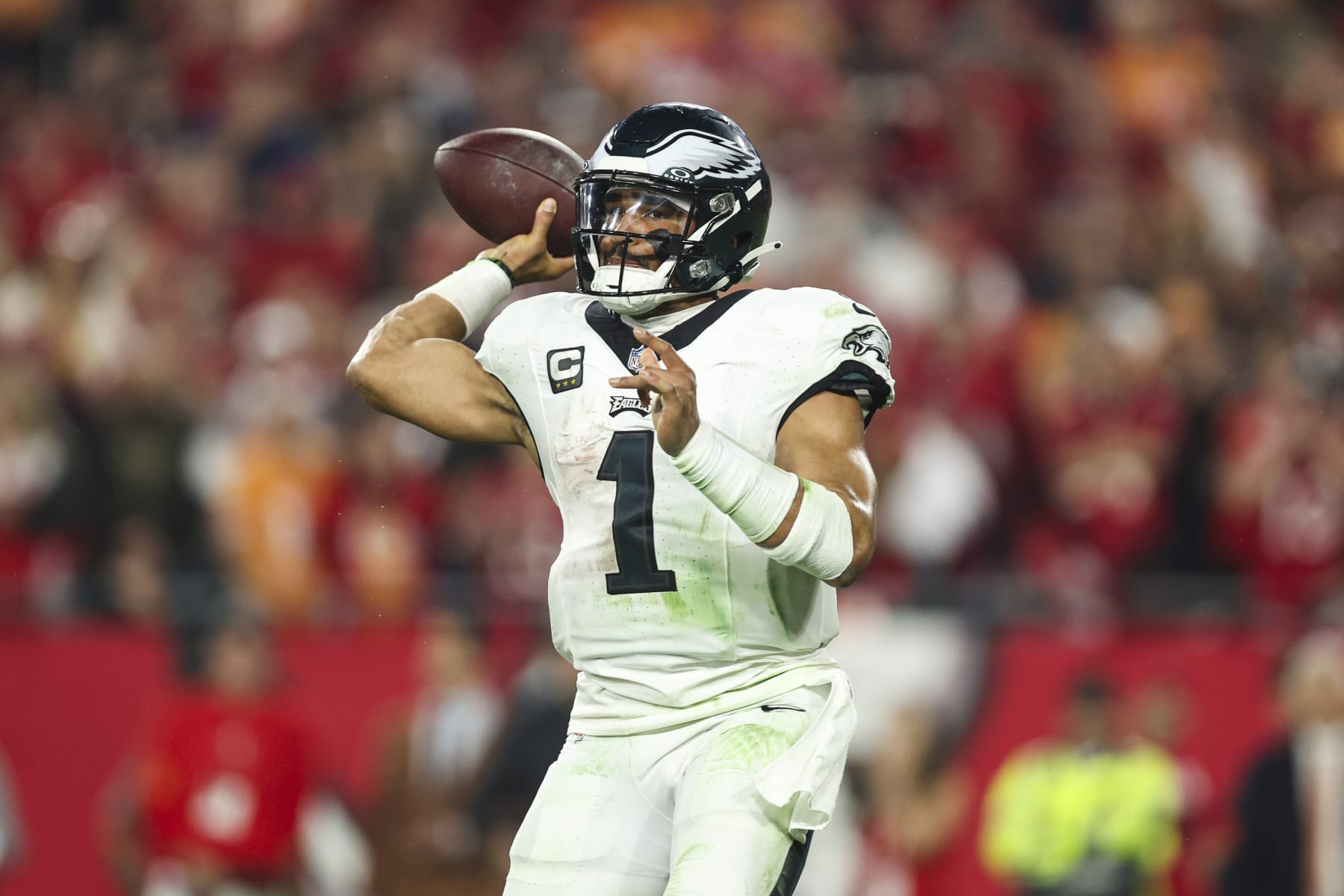 TAMPA, FL - JANUARY 15: Jalen Hurts #1 of the Philadelphia Eagles throws the ball during an NFL Wild Card playoff football game against the Tampa Bay Buccaneers at Raymond James Stadium on January 15, 2024 in Tampa, Florida. (Photo by Perry Knotts/Getty Images)
