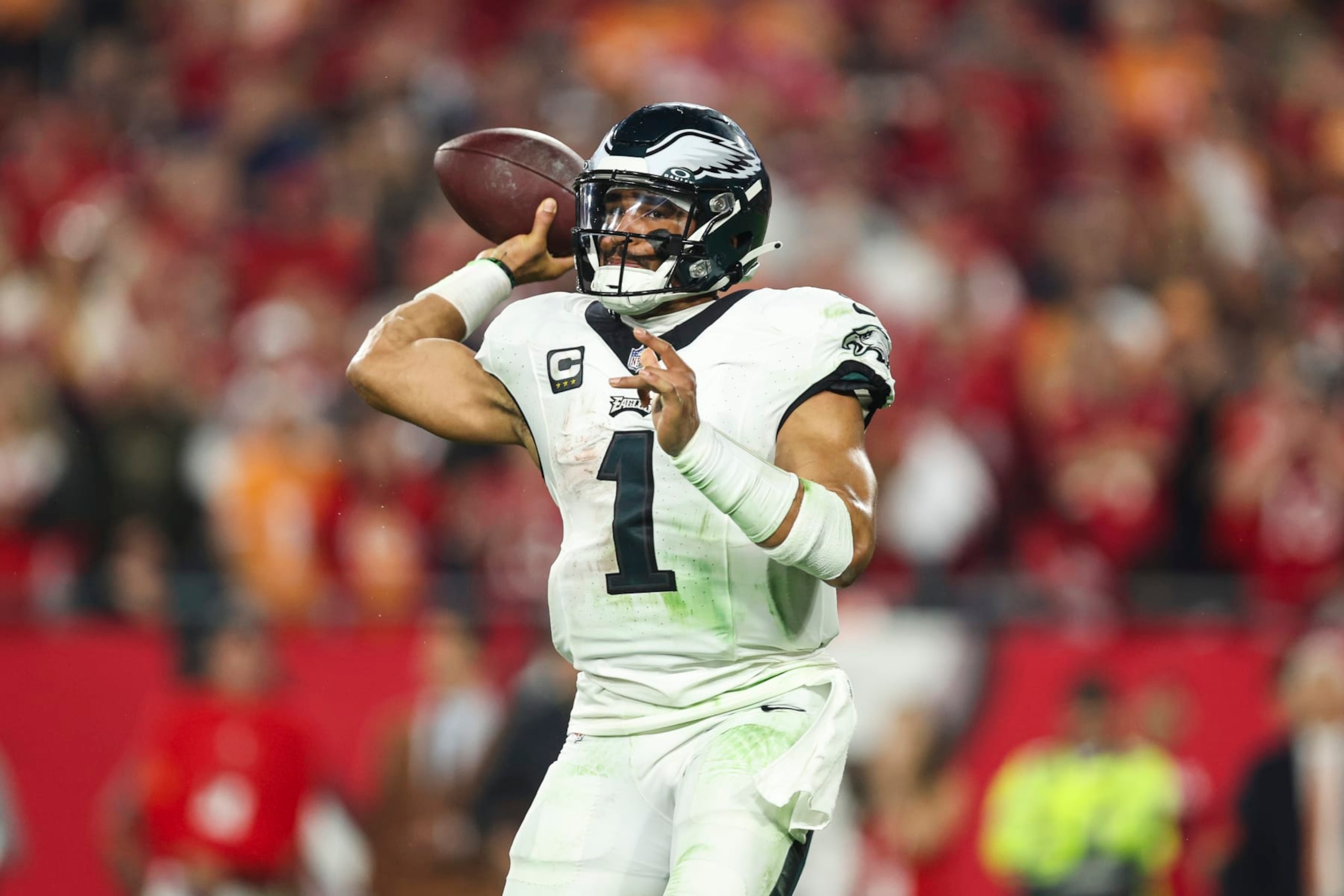 TAMPA, FL - JANUARY 15: Jalen Hurts #1 of the Philadelphia Eagles throws the ball during an NFL Wild Card playoff football game against the Tampa Bay Buccaneers at Raymond James Stadium on January 15, 2024 in Tampa, Florida. (Photo by Perry Knotts/Getty Images)
