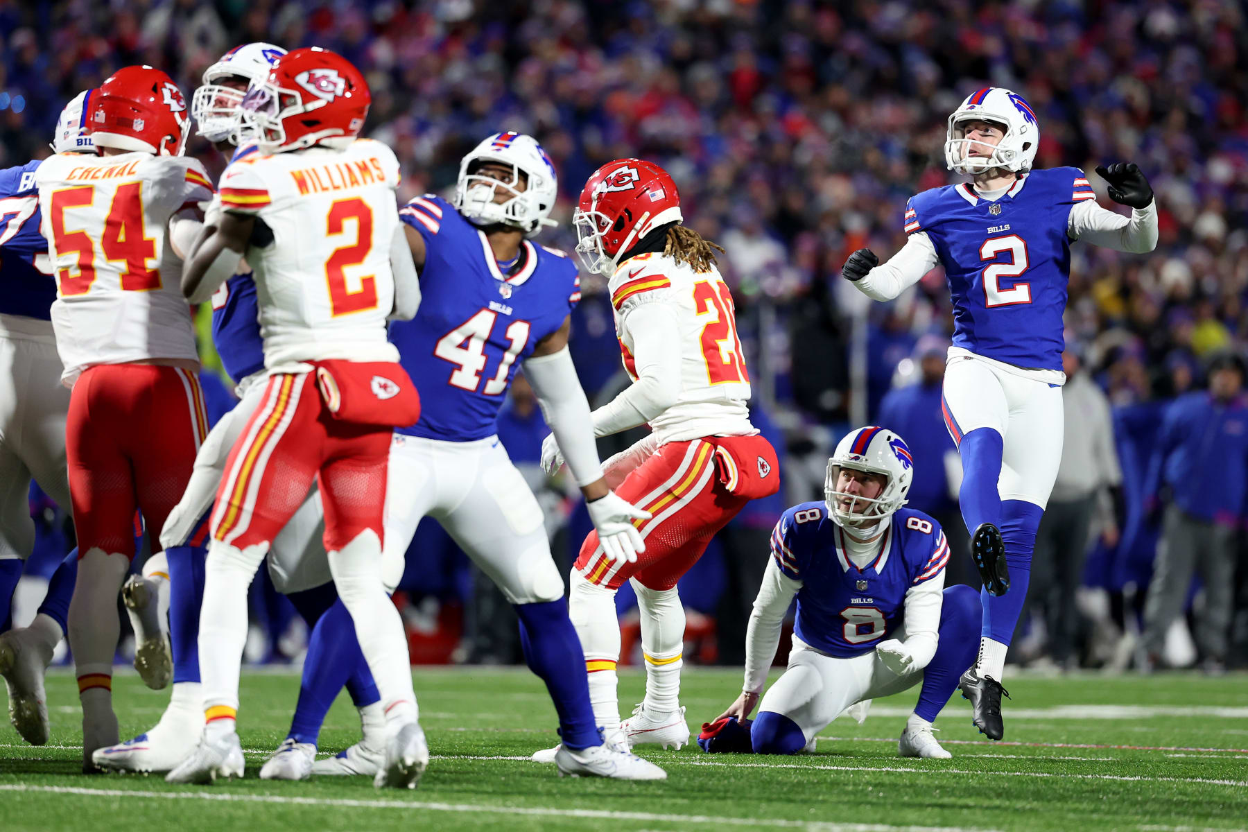 ORCHARD PARK, NEW YORK - JANUARY 21: Tyler Bass #2 of the Buffalo Bills watches his kick after making a 27 yard field goal against the Kansas City Chiefs during the first quarter in the AFC Divisional Playoff game at Highmark Stadium on January 21, 2024 in Orchard Park, New York. (Photo by Al Bello/Getty Images)