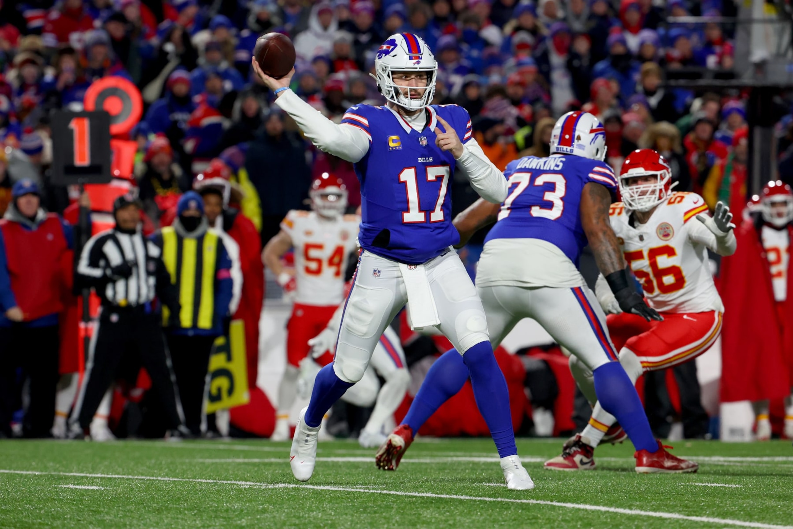 ORCHARD PARK, NEW YORK - JANUARY 21: Josh Allen #17 of the Buffalo Bills throws a pass against the Kansas City Chiefs during the first quarter in the AFC Divisional Playoff game at Highmark Stadium on January 21, 2024 in Orchard Park, New York. (Photo by Timothy T Ludwig/Getty Images)