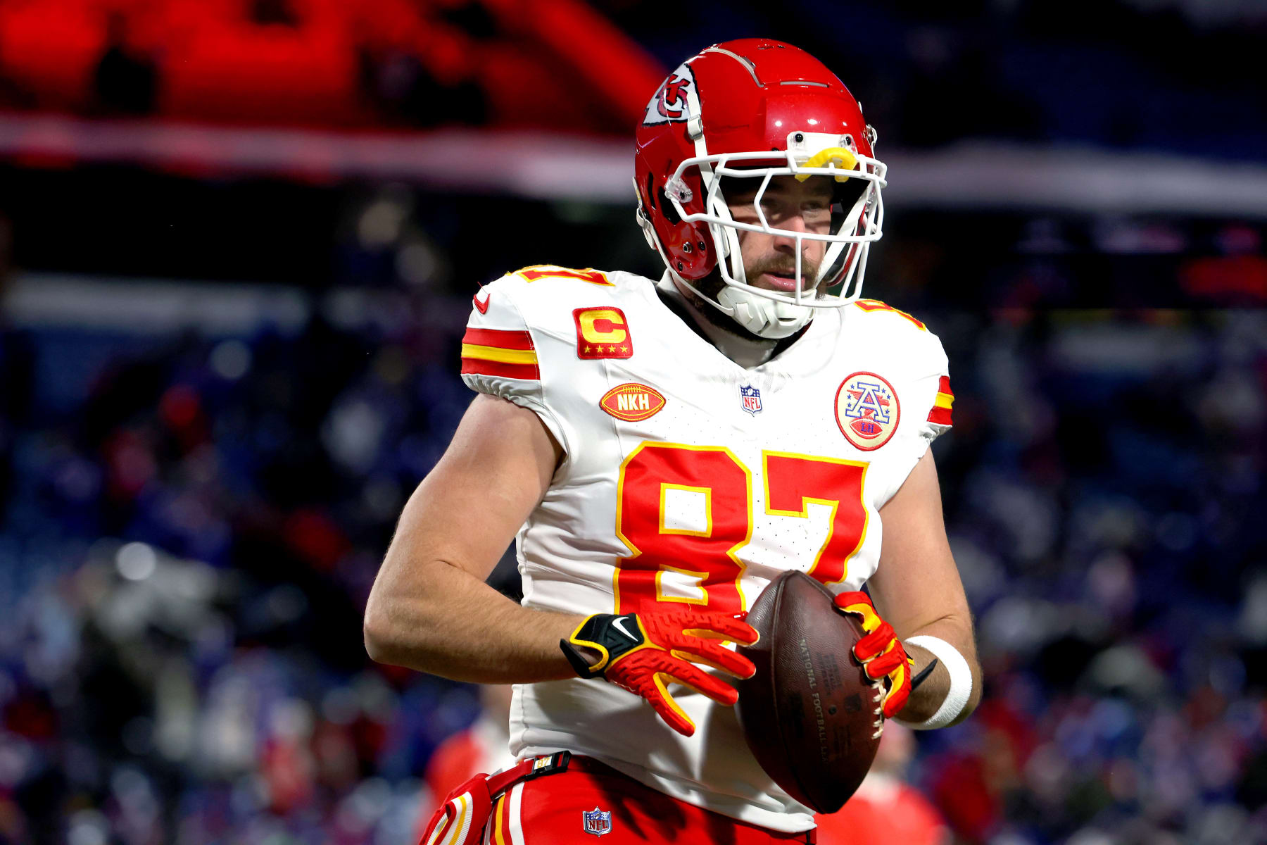 ORCHARD PARK, NEW YORK - JANUARY 21: Travis Kelce #87 of the Kansas City Chiefs warms up prior to the AFC Divisional Playoff game against the Buffalo Bills at Highmark Stadium on January 21, 2024 in Orchard Park, New York. (Photo by Timothy T Ludwig/Getty Images)