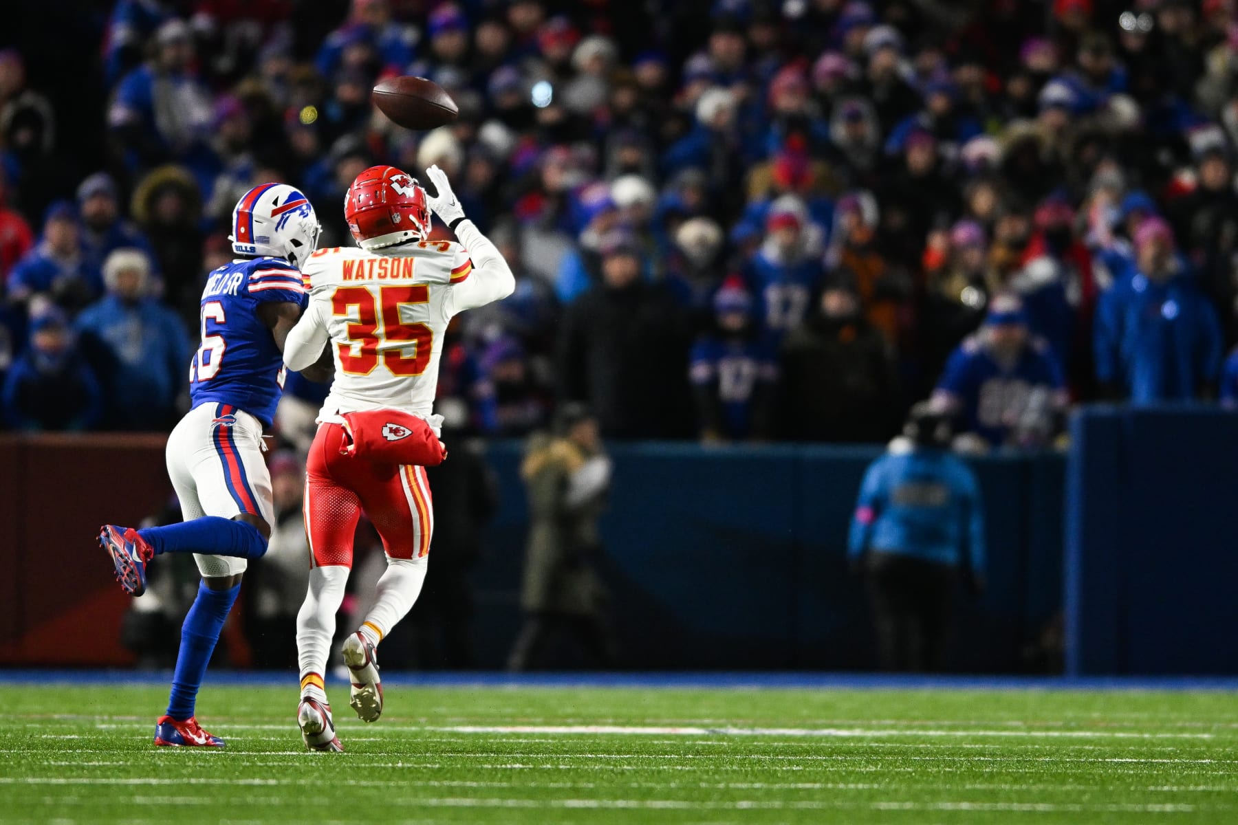 ORCHARD PARK, NY - JANUARY 21: Jaylen Watson #35 of the Kansas City Chiefs deflects a pass during the first half of the AFC Divisional Playoff game against the Buffalo Bills at Highmark Stadium on January 21, 2024 in Orchard Park, New York. (Photo by Kathryn Riley/Getty Images)