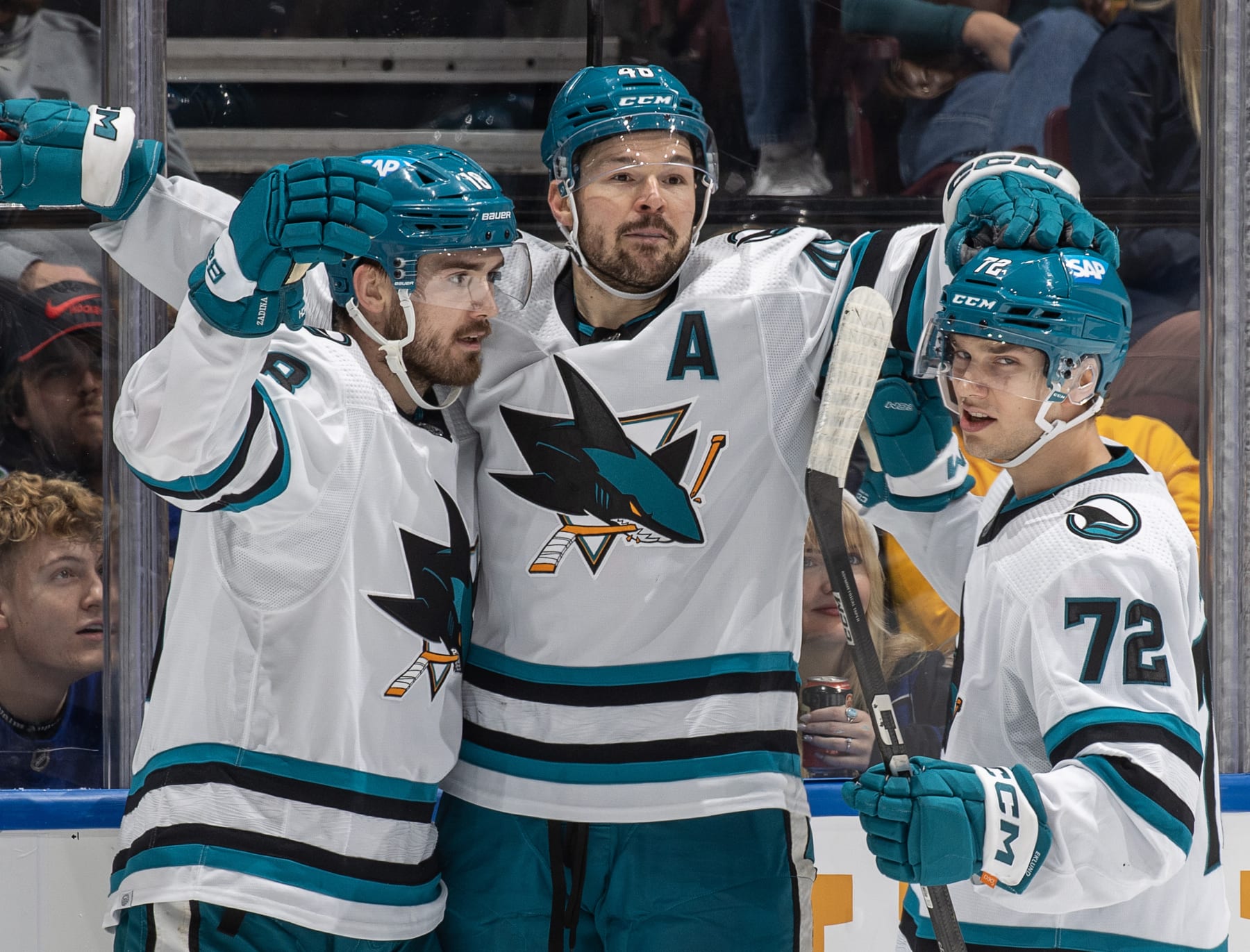 VANCOUVER, CANADA - DECEMBER 23:Tomas Hertl #48 of the San Jose Sharks celebrates his goal with teammates during the first period of their NHL game against the Vancouver Canucks at Rogers Arena on December 23, 2023 in Vancouver, British Columbia, Canada.  (Photo by Jeff Vinnick/NHLI via Getty Images)