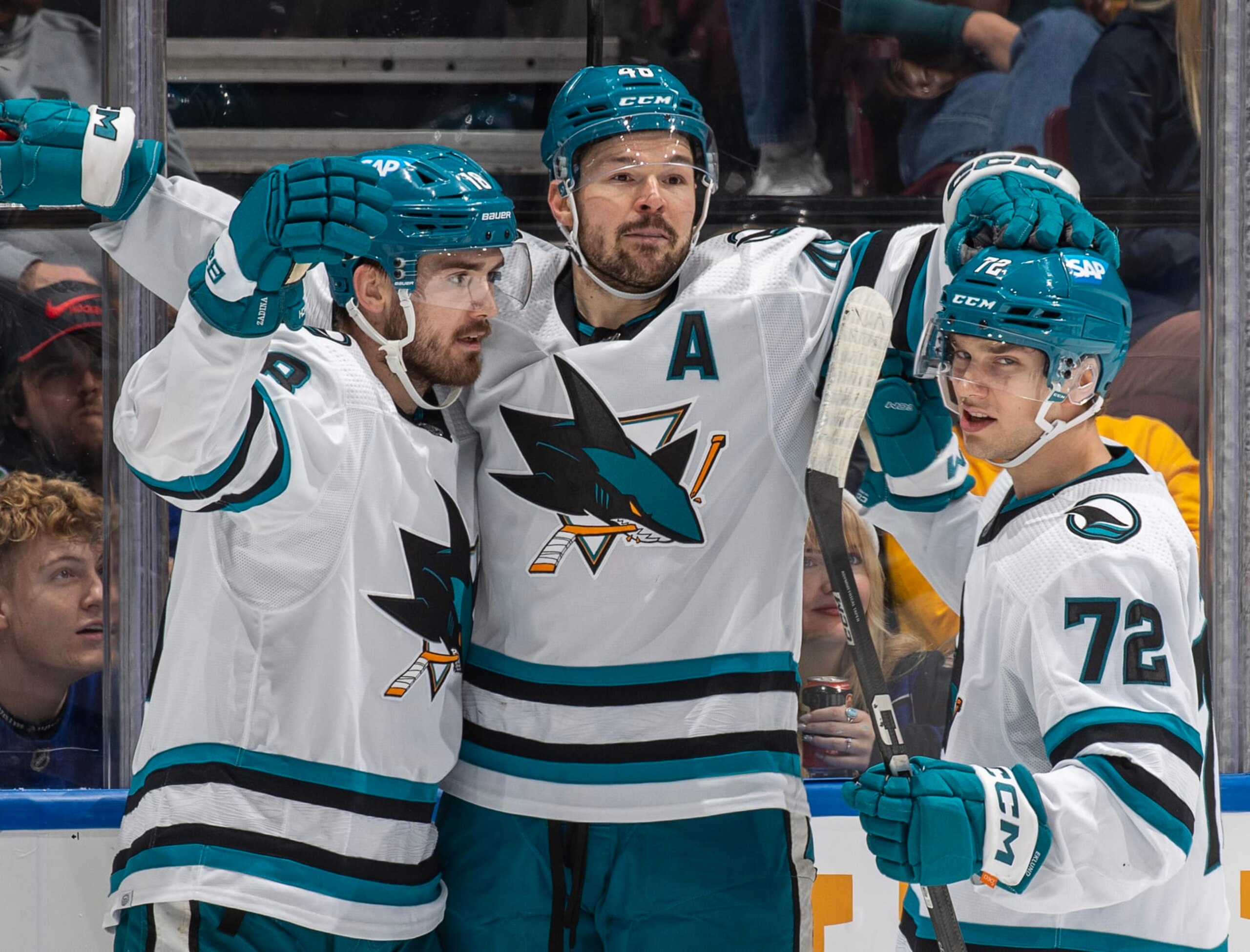 VANCOUVER, CANADA - DECEMBER 23:Tomas Hertl #48 of the San Jose Sharks celebrates his goal with teammates during the first period of their NHL game against the Vancouver Canucks at Rogers Arena on December 23, 2023 in Vancouver, British Columbia, Canada. (Photo by Jeff Vinnick/NHLI via Getty Images) VANCOUVER, CANADA - DECEMBER 23:Tomas Hertl #48 of the San Jose Sharks celebrates his goal with teammates during the first period of their NHL game against the Vancouver Canucks at Rogers Arena on December 23, 2023 in Vancouver, British Columbia, Canada. (Photo by Jeff Vinnick/NHLI via Getty Images)