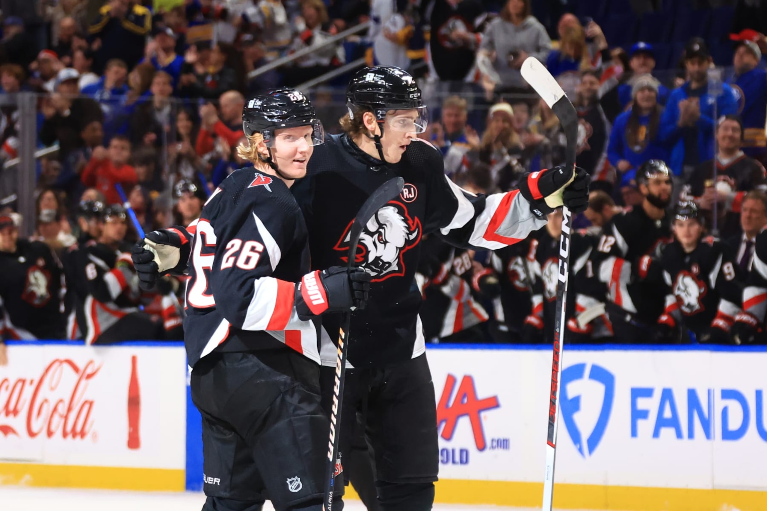 BUFFALO, NEW YORK - JANUARY 11: Tage Thompson #72 of the Buffalo Sabres celebrates his second first period goal against the Ottawa Senators with Rasmus Dahlin #26 during an NHL game on January 11, 2024 at KeyBank Center in Buffalo, New York. (Photo by Bill Wippert/NHLI via Getty Images) BUFFALO, NEW YORK - JANUARY 11: Tage Thompson #72 of the Buffalo Sabres celebrates his second first period goal against the Ottawa Senators with Rasmus Dahlin #26 during an NHL game on January 11, 2024 at KeyBank Center in Buffalo, New York. (Photo by Bill Wippert/NHLI via Getty Images)