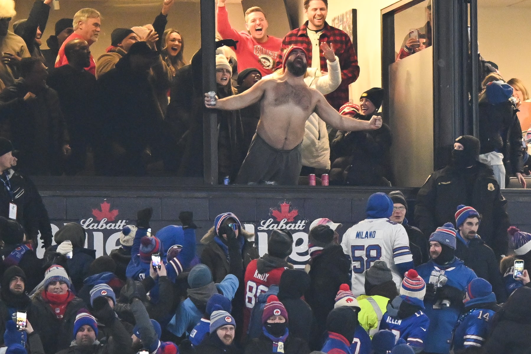 ORCHARD PARK, NY - JANUARY 21: Jason Kelce #62 of the Philadelphia Eagles celebrates after the Kansas City Chiefs score a touchdown during the first half of the AFC Divisional Playoff game against the Buffalo Bills at Highmark Stadium on January 21, 2024 in Orchard Park, New York. (Photo by Kathryn Riley/Getty Images)