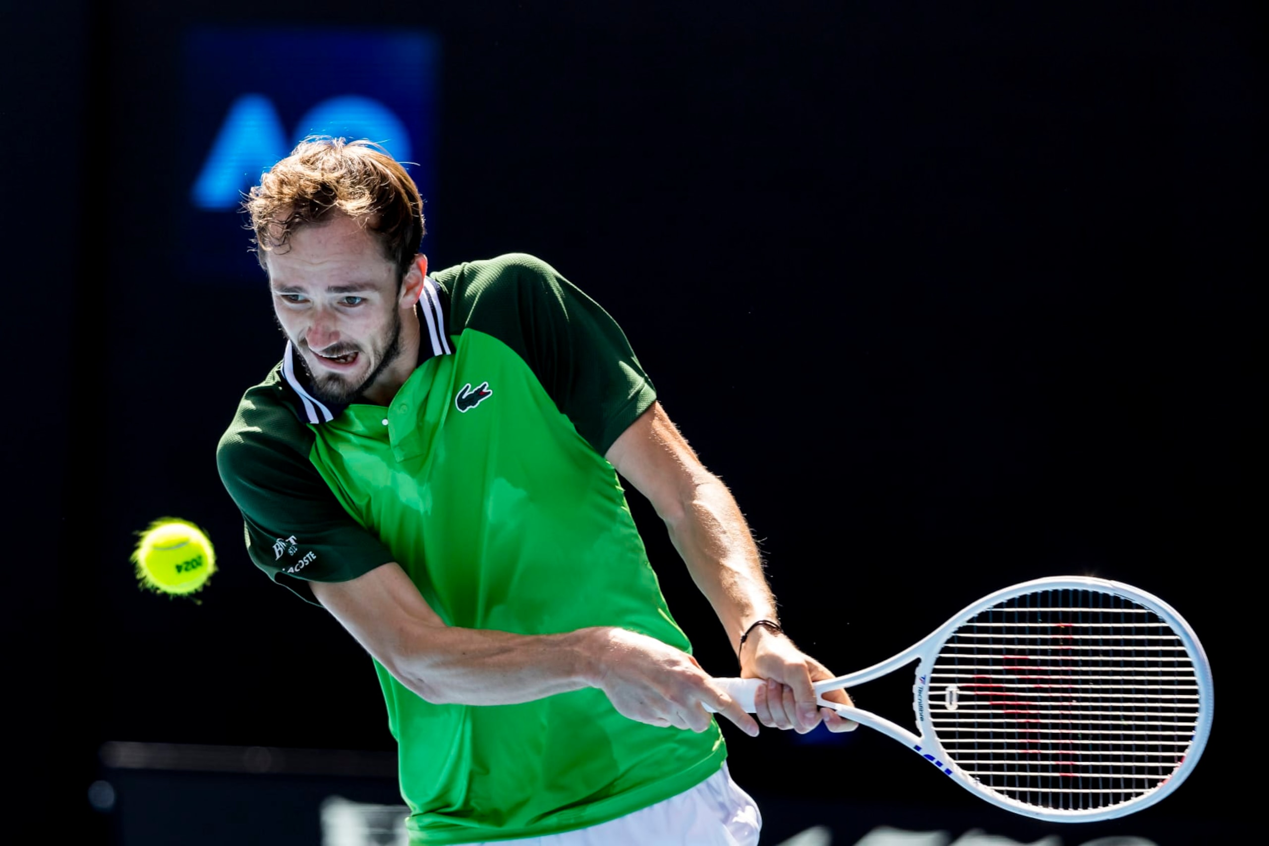 MELBOURNE, VIC - JANUARY 22: Daniil Medvedev of Russia in action during the 4th round of the 2024 Australian Open on January 22 2024, at Melbourne Park in Melbourne, Australia. (Photo by Jason Heidrich/Icon Sportswire via Getty Images)