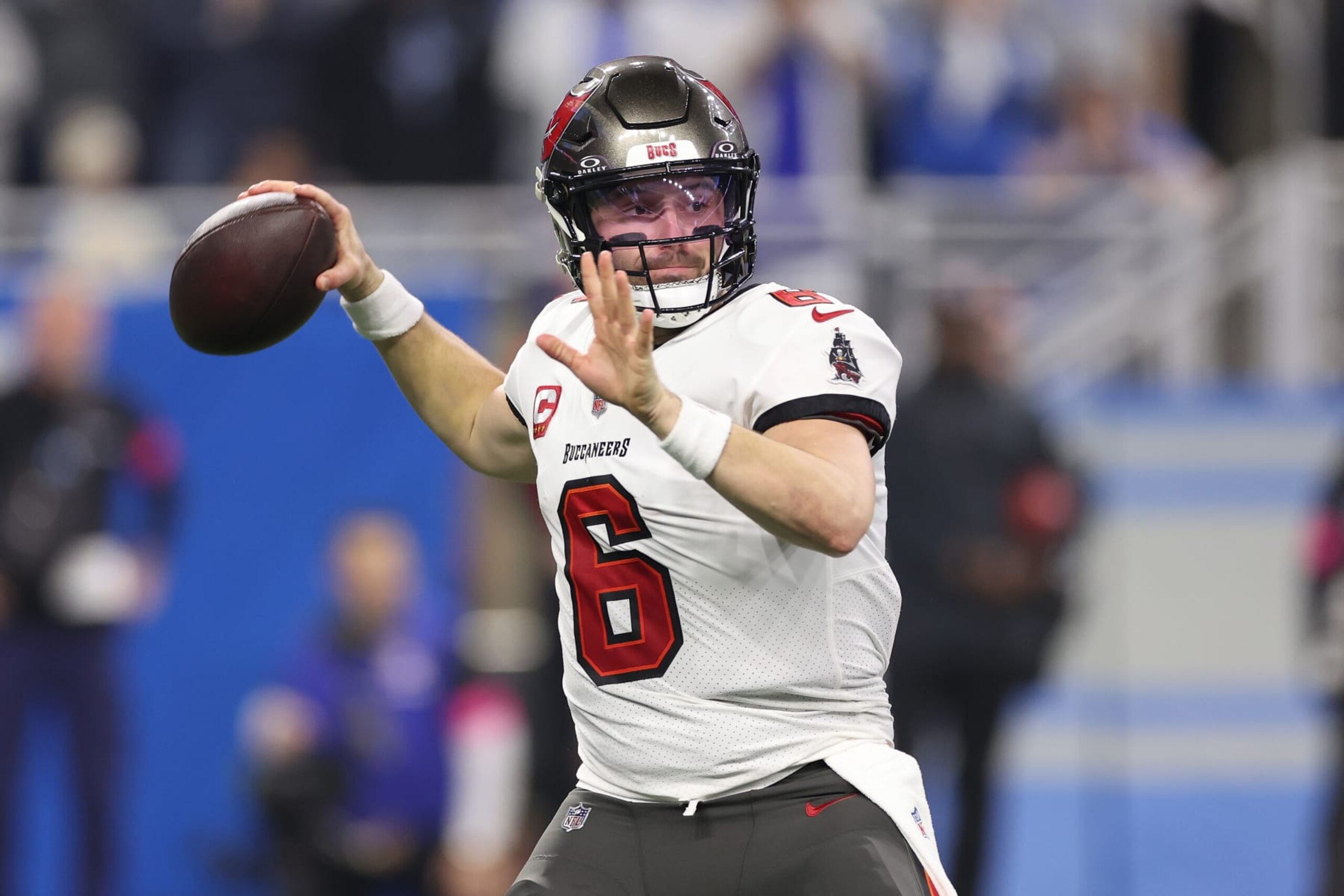 DETROIT, MICHIGAN - JANUARY 21: Baker Mayfield #6 of the Tampa Bay Buccaneers drops back to pass against the Detroit Lions during the second quarter of the NFC Divisional Playoff game at Ford Field on January 21, 2024 in Detroit, Michigan. (Photo by Gregory Shamus/Getty Images)