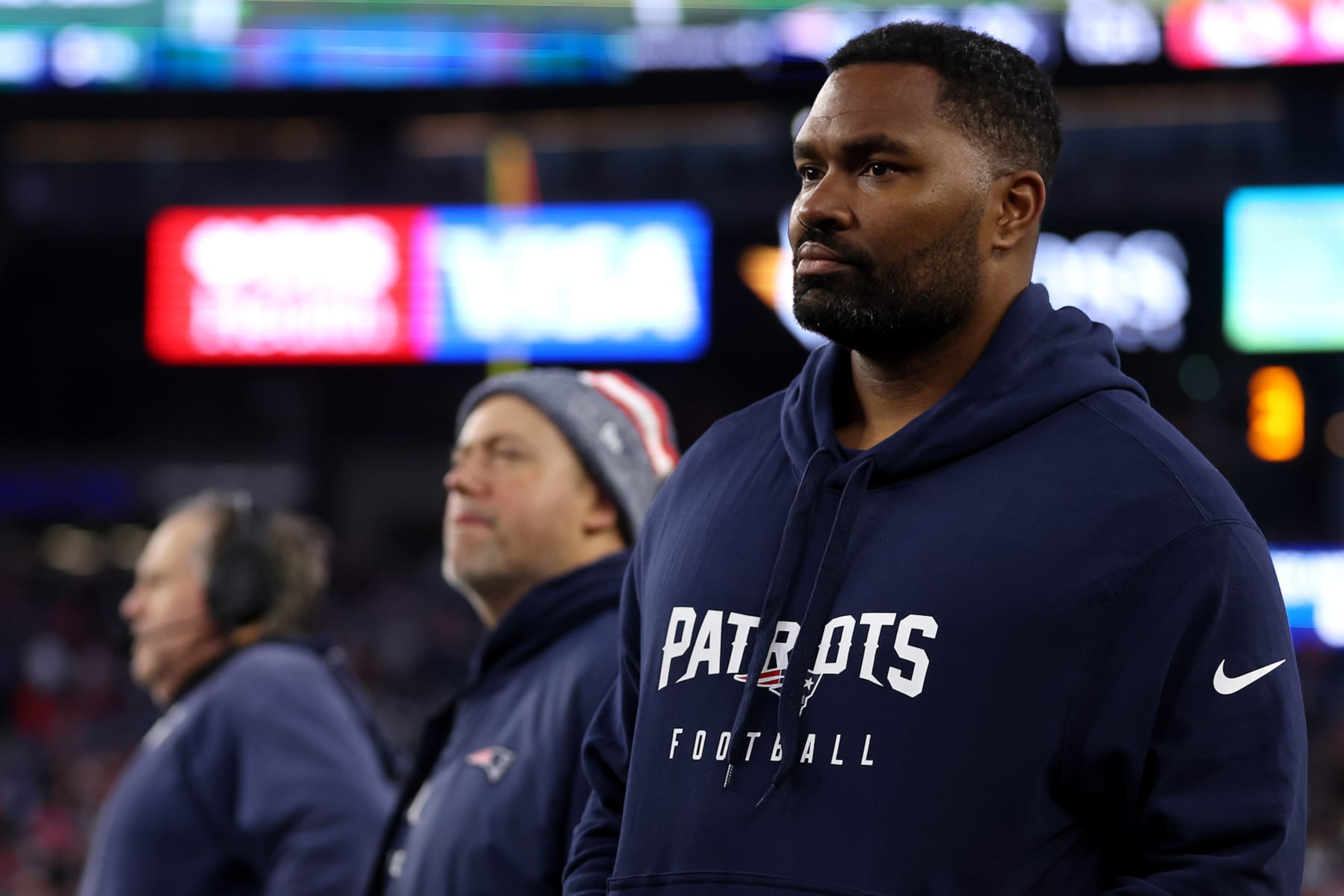 FOXBOROUGH, MASSACHUSETTS - DECEMBER 17: New England Patriots linebackers coach Jerod Mayo looks on from the sideline next to head coach Bill Belichik during the game against the Kansas City Chiefs at Gillette Stadium on December 17, 2023 in Foxborough, Massachusetts. (Photo by Maddie Meyer/Getty Images) FOXBOROUGH, MASSACHUSETTS - DECEMBER 17: New England Patriots linebackers coach Jerod Mayo looks on from the sideline next to head coach Bill Belichik during the game against the Kansas City Chiefs at Gillette Stadium on December 17, 2023 in Foxborough, Massachusetts. (Photo by Maddie Meyer/Getty Images)