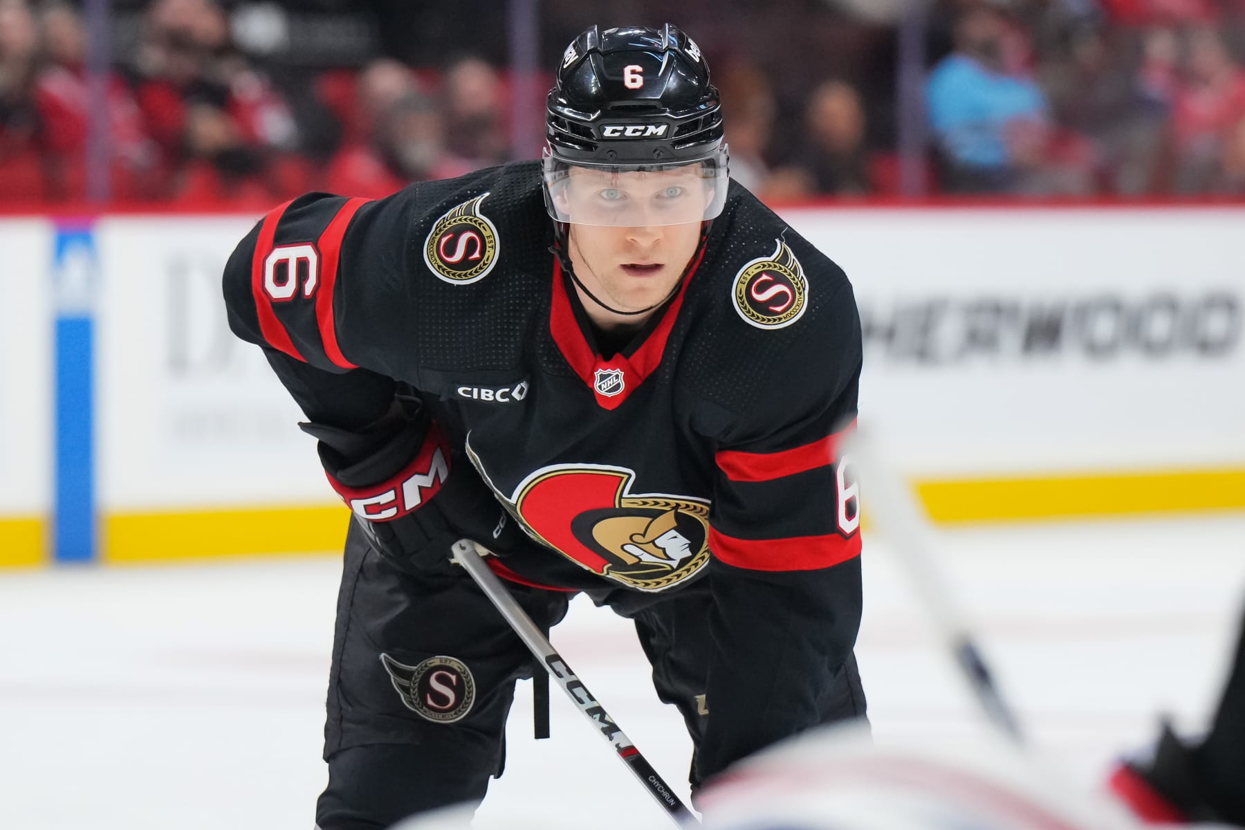 OTTAWA, CANADA - JANUARY 18:  Jakob Chychrun #6 of the Ottawa Senators prepares for a faceoff against the Montreal Canadiens at Canadian Tire Centre on January 18, 2024 in Ottawa, Ontario, Canada.  (Photo by André Ringuette/NHLI via Getty Images)
