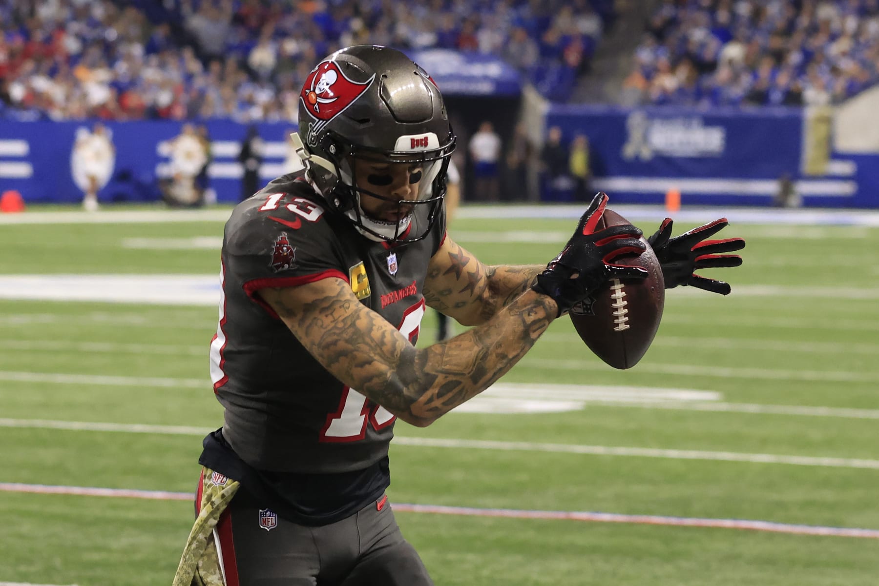 INDIANAPOLIS, INDIANA - NOVEMBER 26: Mike Evans #13 of the Tampa Bay Buccaneers steps out of bounds in the game against the Indianapolis Colts at Lucas Oil Stadium on November 26, 2023 in Indianapolis, Indiana. (Photo by Justin Casterline/Getty Images)