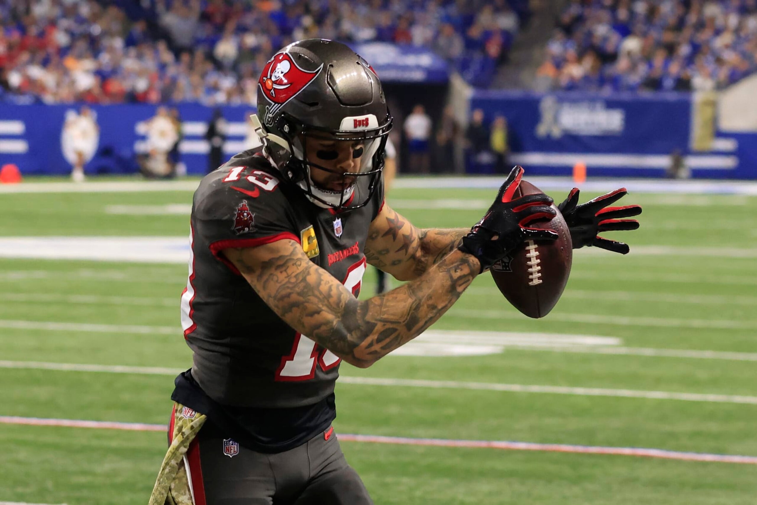 INDIANAPOLIS, INDIANA - NOVEMBER 26: Mike Evans #13 of the Tampa Bay Buccaneers steps out of bounds in the game against the Indianapolis Colts at Lucas Oil Stadium on November 26, 2023 in Indianapolis, Indiana. (Photo by Justin Casterline/Getty Images)