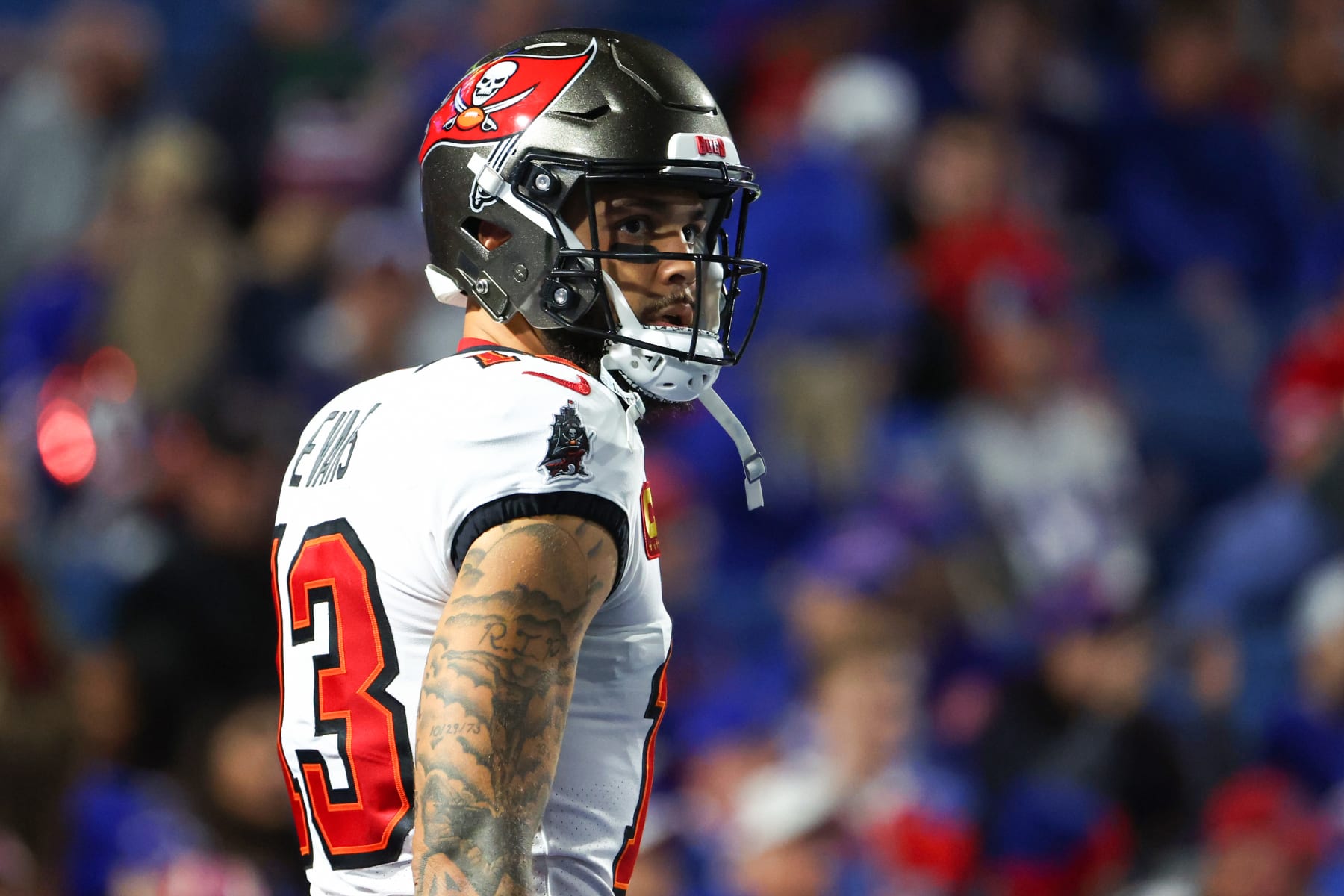 ORCHARD PARK, NEW YORK - OCTOBER 26: Mike Evans #13 of the Tampa Bay Buccaneers warms up prior to a game against the Buffalo Bills at Highmark Stadium on October 26, 2023 in Orchard Park, New York. (Photo by Timothy T Ludwig/Getty Images)
