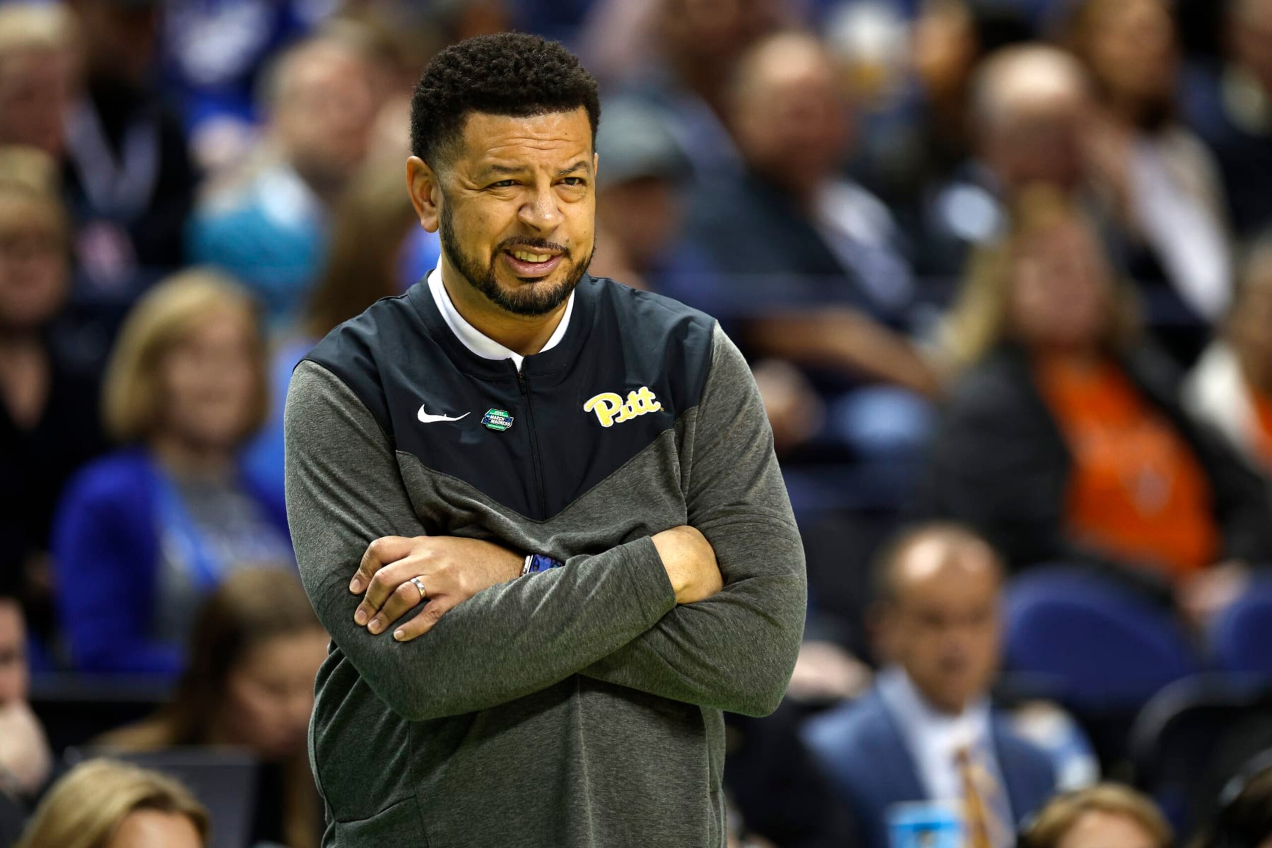 GREENSBORO, NORTH CAROLINA - MARCH 19: Head coach Jeff Capel of the Pittsburgh Panthers reacts during the first half against the Xavier Musketeers in the second round of the NCAA Men's Basketball Tournament at The Fieldhouse at Greensboro Coliseum on March 19, 2023 in Greensboro, North Carolina. (Photo by Jared C. Tilton/Getty Images)