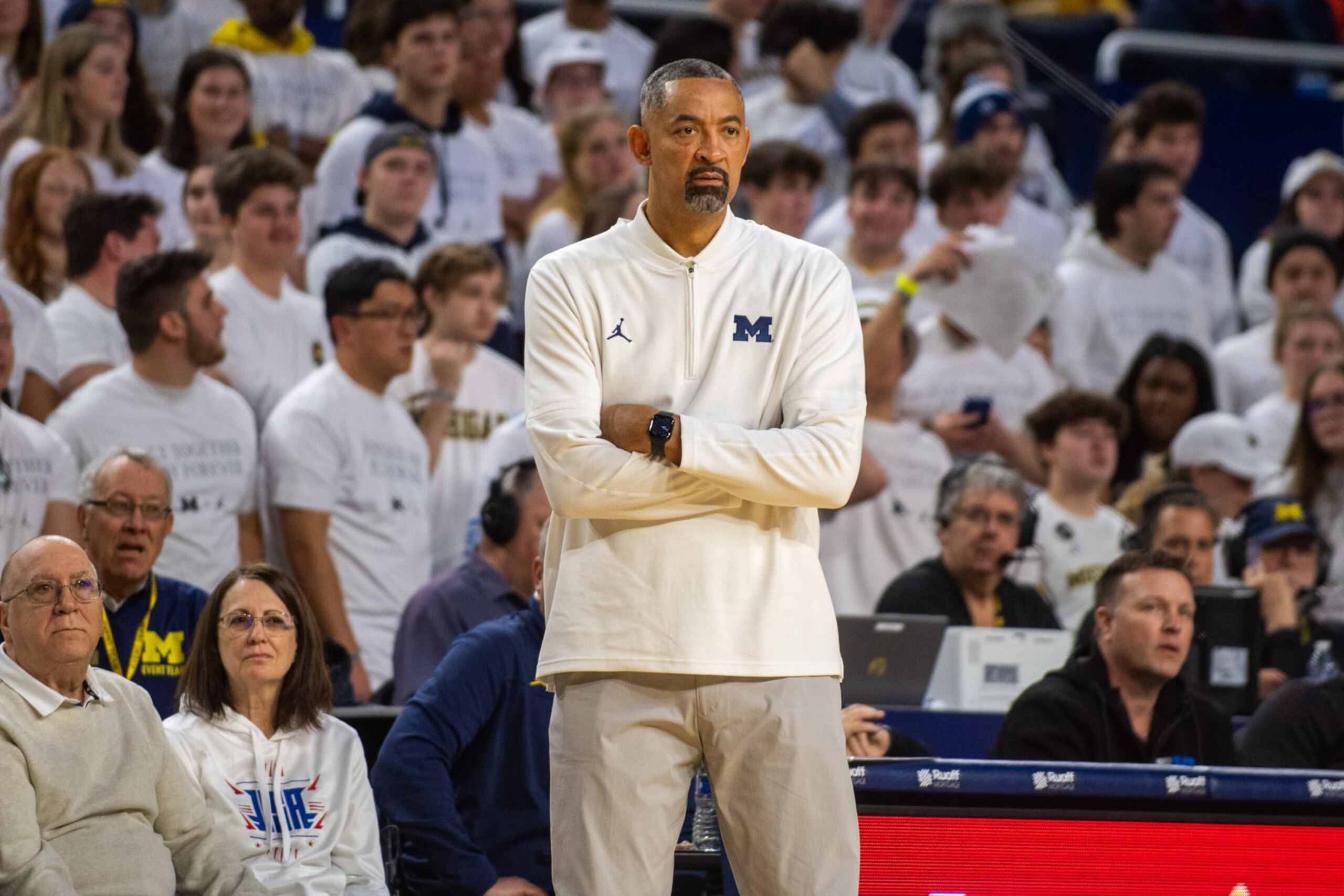 ANN ARBOR, MICHIGAN - JANUARY 18: Head coach Juwan Howard of the Michigan Wolverines watches play from the sideline during the first half against the Illinois Fighting Illini at Crisler Arena on January 18, 2024 in Ann Arbor, Michigan. (Photo by Aaron J. Thornton/Getty Images)