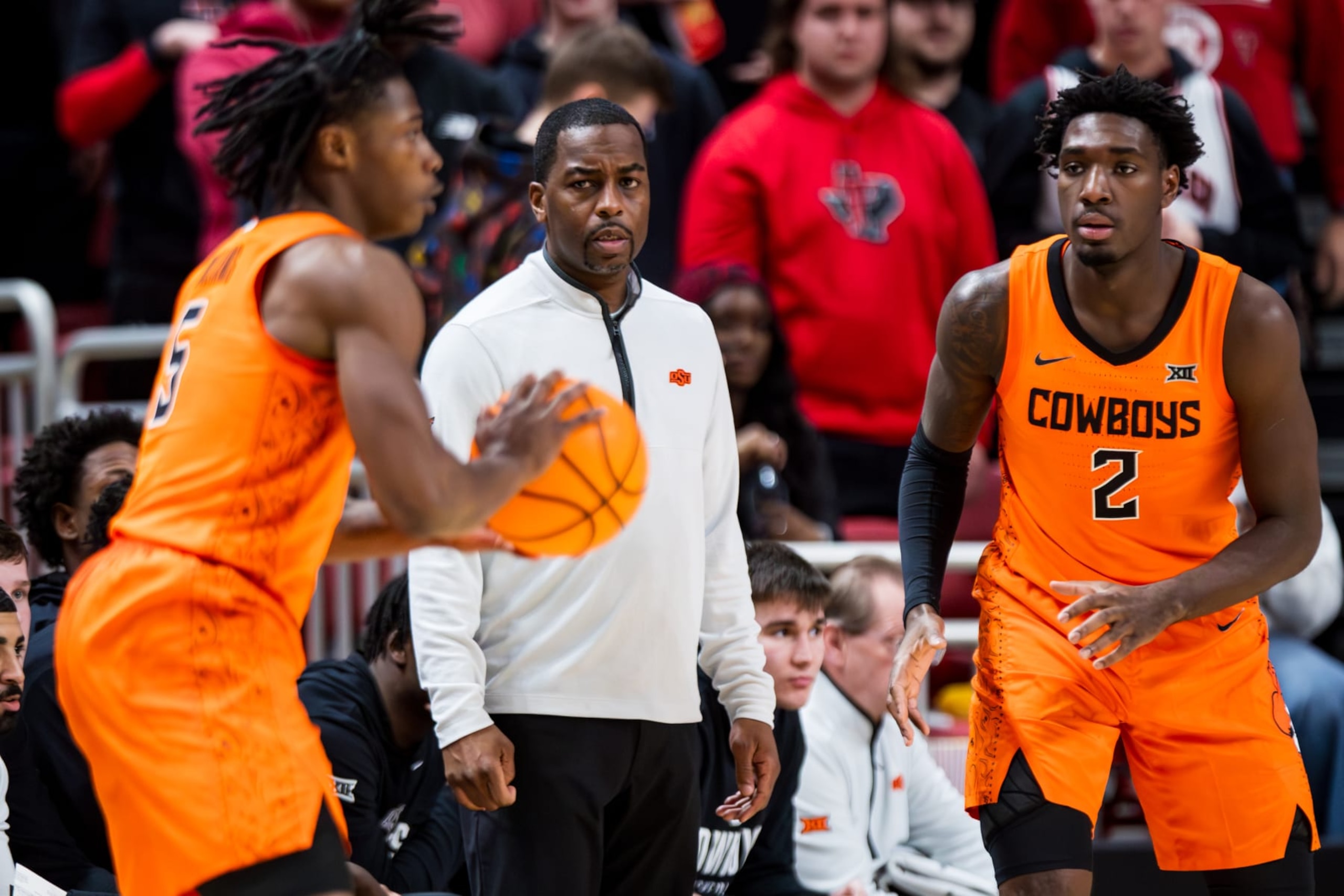 LUBBOCK, TEXAS - JANUARY 09: Mike Boynton of the Oklahoma State Cowboys looks on during the second half of the game against the Texas Tech Red Raiders at United Supermarkets Arena on January 09, 2024 in Lubbock, Texas. (Photo by John E. Moore III/Getty Images)