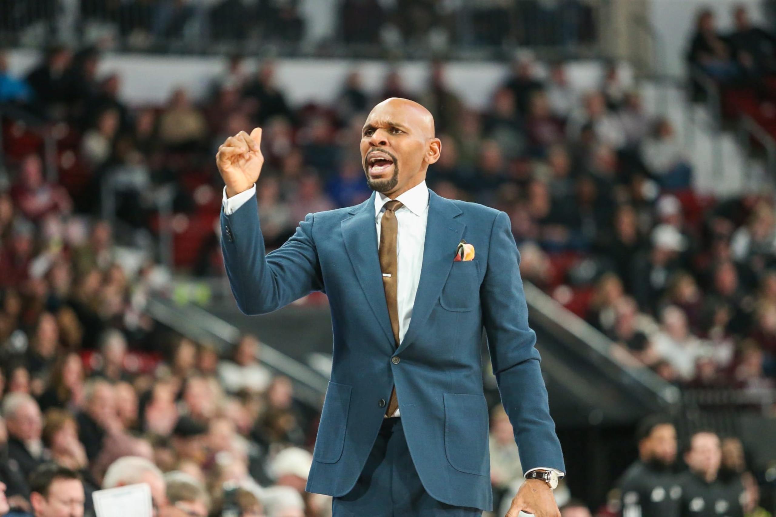 STARKVILLE, MS - JANUARY 20: Vanerbilt Commodores head coach Jerry Stackhouse calls for a sub during the game between the Vanderbilt Commodores and the Mississippi State Bulldogs on January 20, 2024 at Humphrey Coliseum in Starkville, MS. (Photo by Chris McDill/Icon Sportswire via Getty Images)