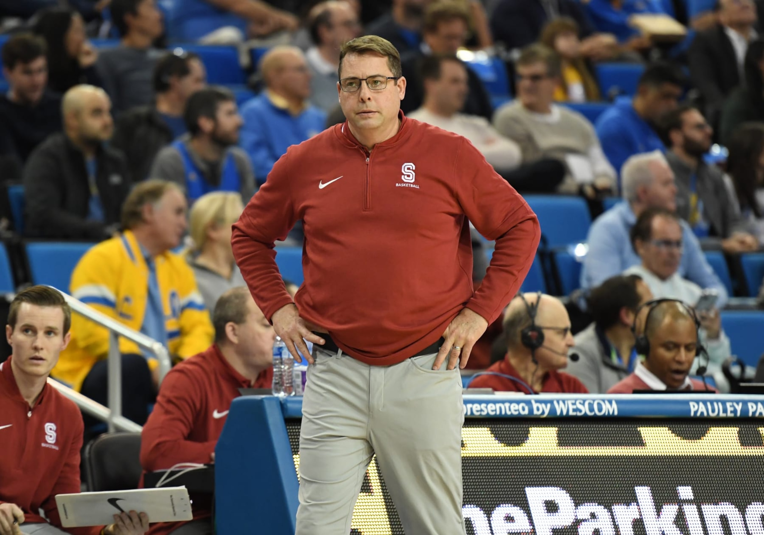 LOS ANGELES, CA - JANUARY 03: Stanford Cardinal head coach Jerod Haase watches game action during the game between UCLA and Stanford on January 03, 2024, at Pauley Pavilion in Los Angeles, CA. (Photo by David Dennis/Icon Sportswire via Getty Images)