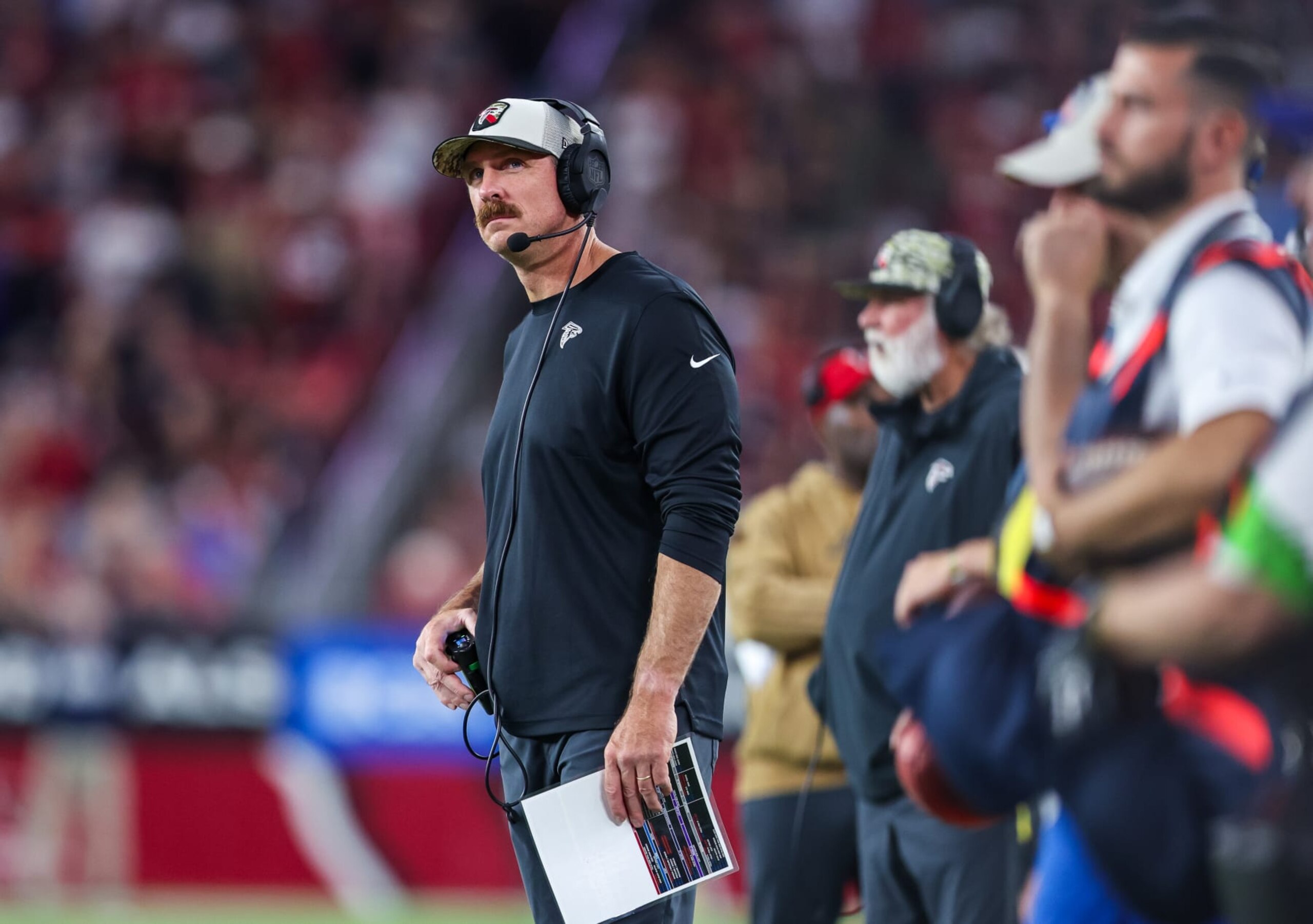 GLENDALE, ARIZONA - NOVEMBER 12: Atlanta Falcons defensive coordinator Ryan Nielsen looks on late in the fourth quarter of a game against the Arizona Cardinals at State Farm Stadium on November 12, 2023 in Glendale, Arizona. (Photo by Mike Christy/Getty Images)