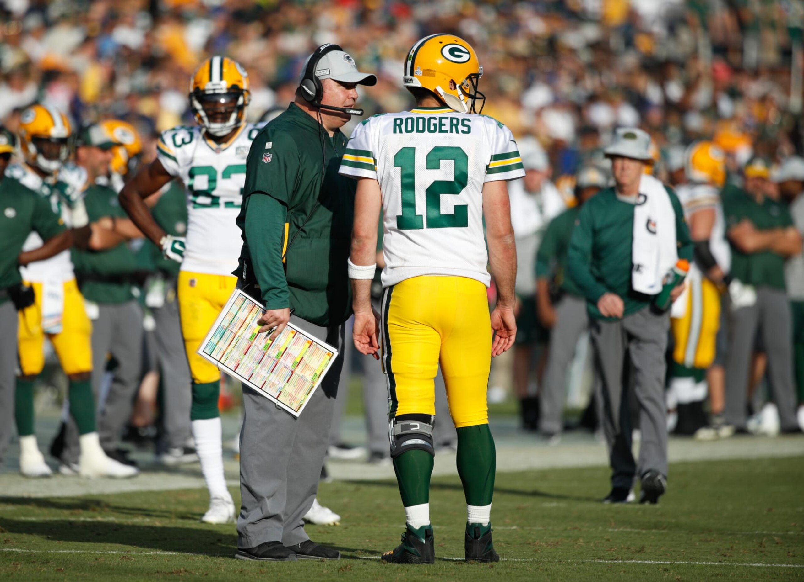 LOS ANGELES, CA - OCTOBER 28: Quarterback Aaron Rodgers #12 of the Green Bay Packers talks with head coach Mike McCarthy during the game against the Los Angeles Rams at Los Angeles Memorial Coliseum on October 28, 2018 in Los Angeles, California. (Photo by Joe Robbins/Getty Images)