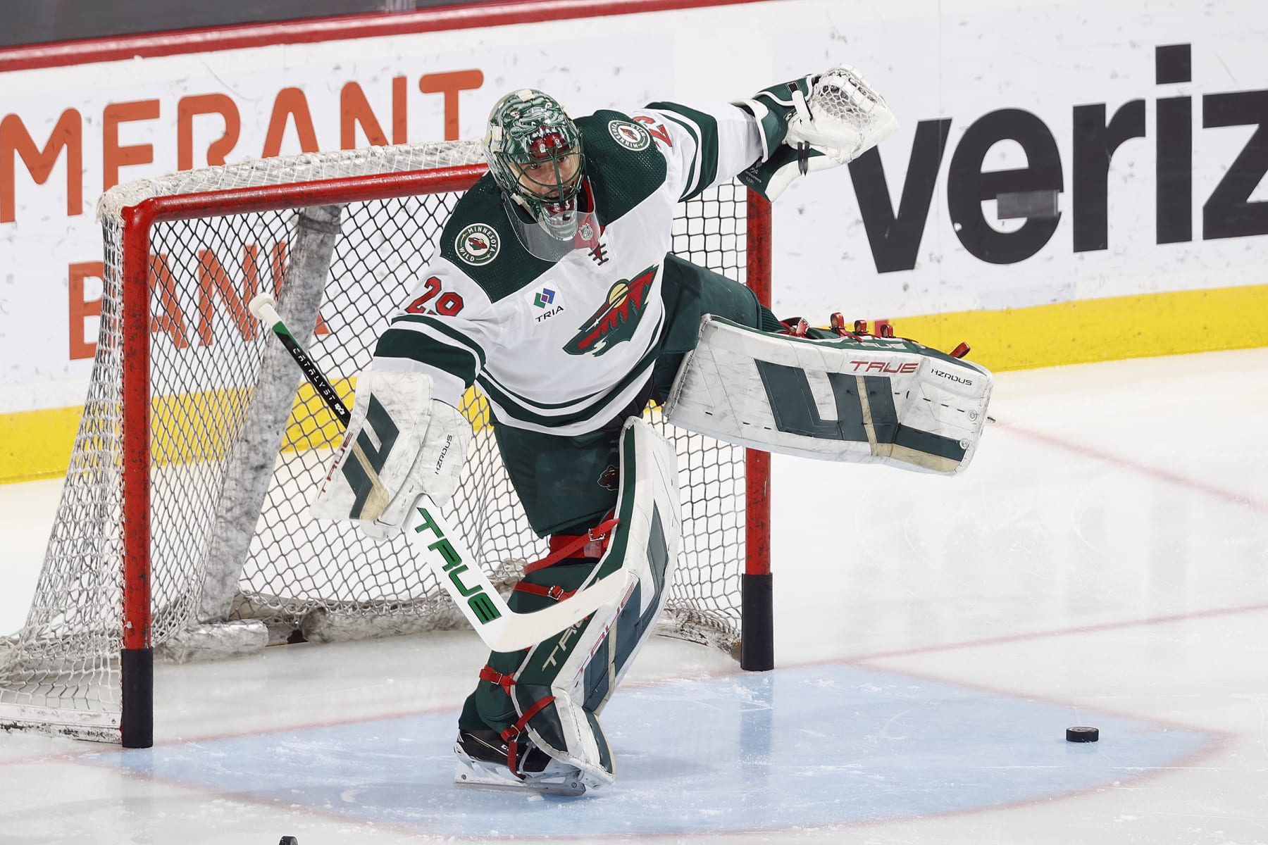 SUNRISE, FL - JANUARY 19: Goaltender Marc-Andre Fleury #29 of the Minnesota Wild warms up prior to the game against the Florida Panthers at the Amerant Bank Arena on January 19, 2024 in Sunrise, Florida. (Photo by Joel Auerbach/Getty Images)