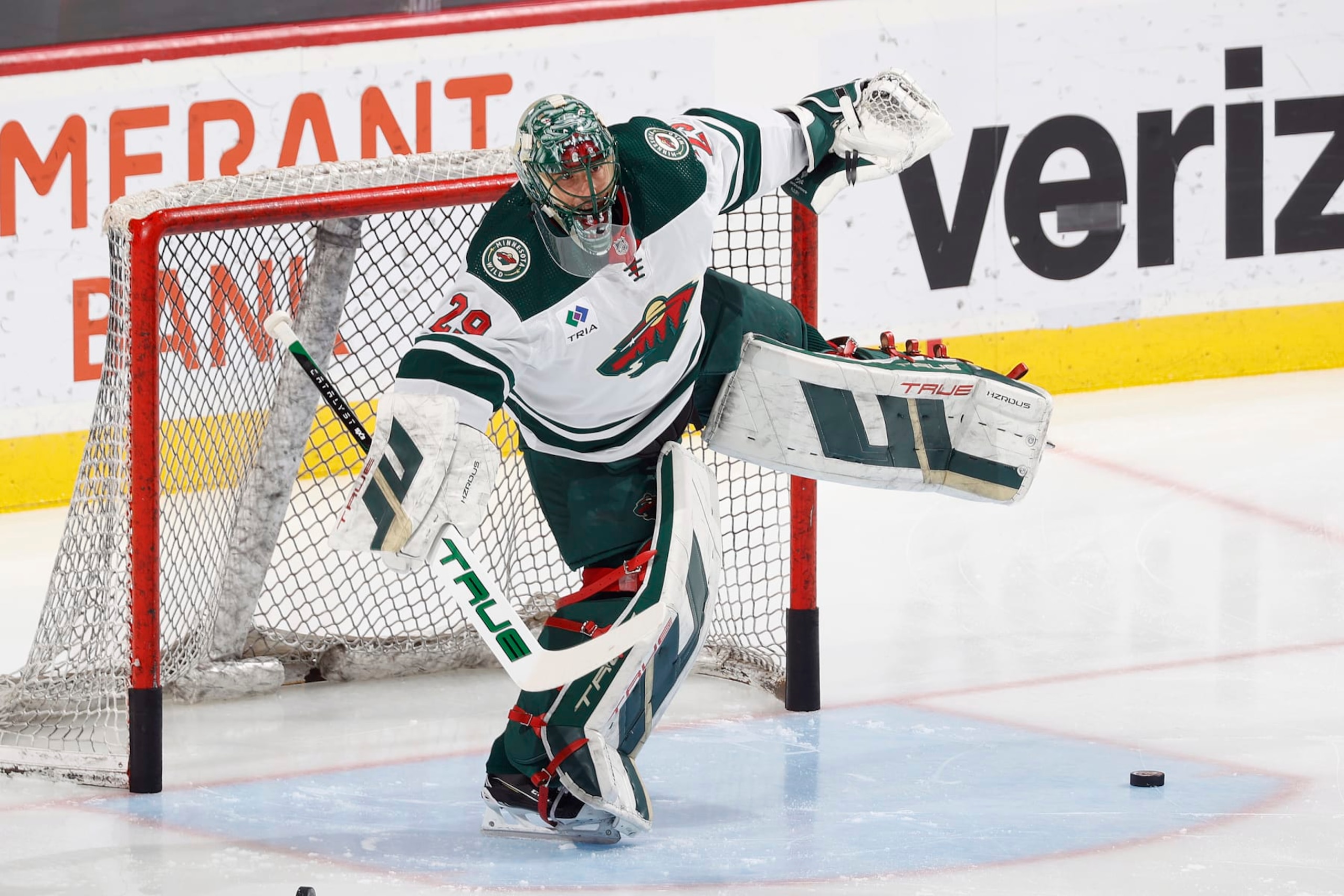 SUNRISE, FL - JANUARY 19: Goaltender Marc-Andre Fleury #29 of the Minnesota Wild warms up prior to the game against the Florida Panthers at the Amerant Bank Arena on January 19, 2024 in Sunrise, Florida. (Photo by Joel Auerbach/Getty Images)