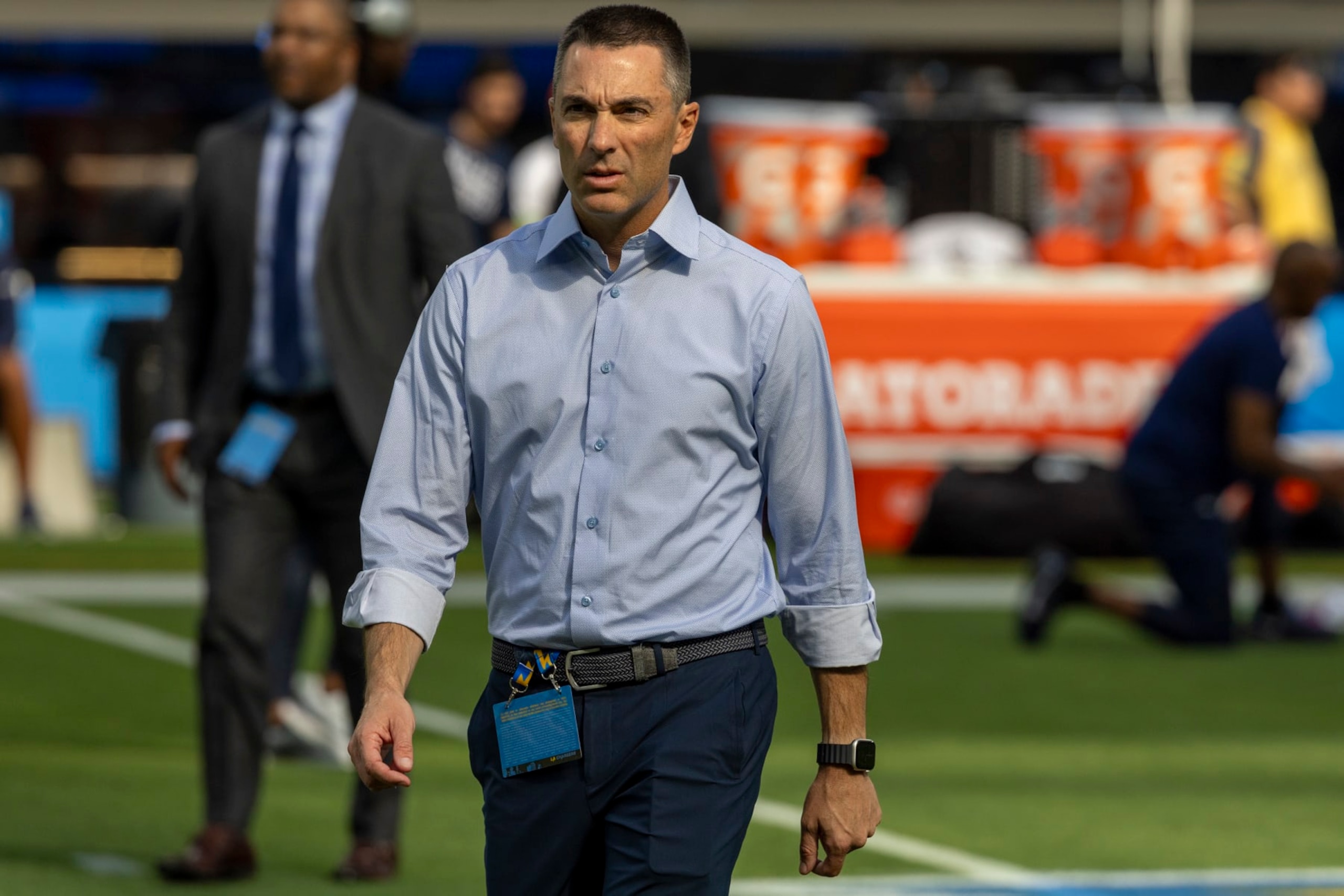 Inglewood, CA, Monday, October 16, 2023 - Chargers general manager Tom Telesco on the sidelines before a game against his former team, the Dallas Cowboys at SoFi Stadium.  (Robert Gauthier/Los Angeles Times via Getty Images)