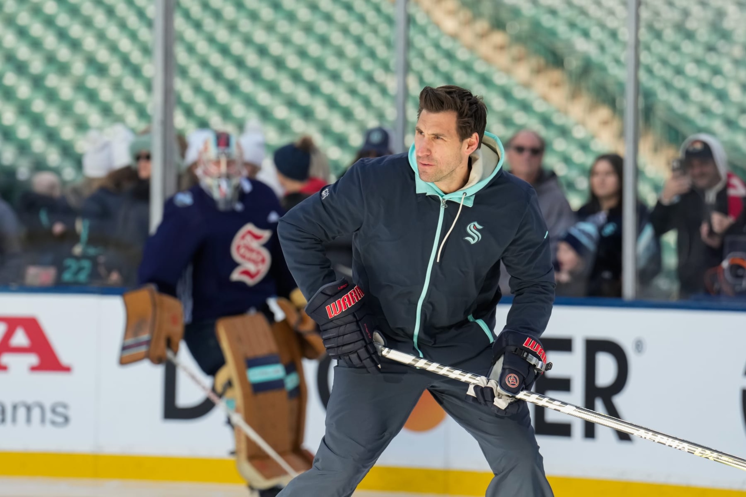 SEATTLE, WASHINGTON - DECEMBER 31: Assistant coach Jay Leach of the Seattle Kraken skates during practice for the 2024 Discover NHL Winter Classic between the Vegas Golden Knights and Seattle Kraken at T-Mobile Park on December 31, 2023 in Seattle, Washington. (Photo by Christopher Mast/NHLI via Getty Images)