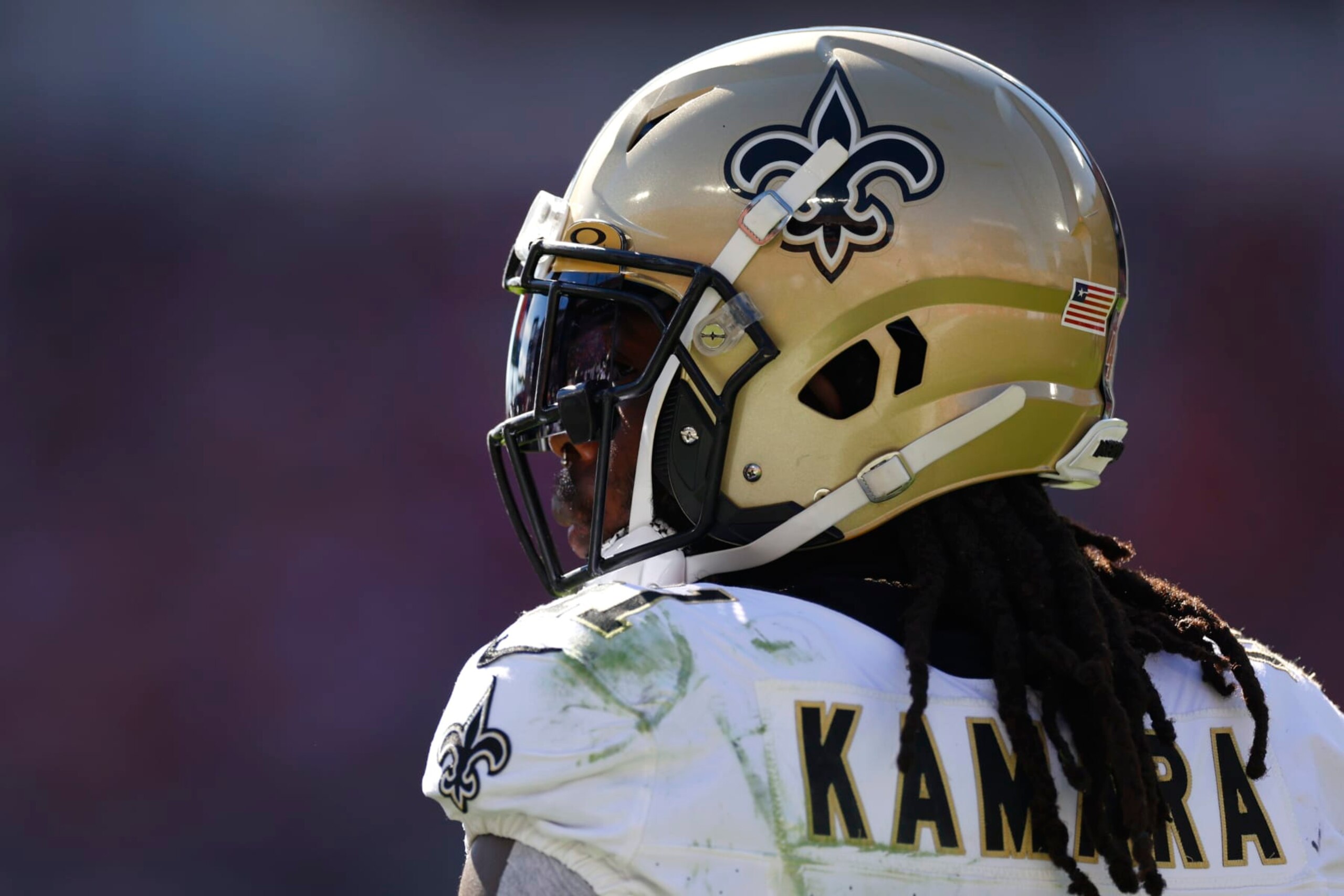TAMPA, FLORIDA - DECEMBER 31: Alvin Kamara #41 of the New Orleans Saints looks on during the first quarter against the Tampa Bay Buccaneers at Raymond James Stadium on December 31, 2023 in Tampa, Florida. (Photo by Mike Ehrmann/Getty Images)
