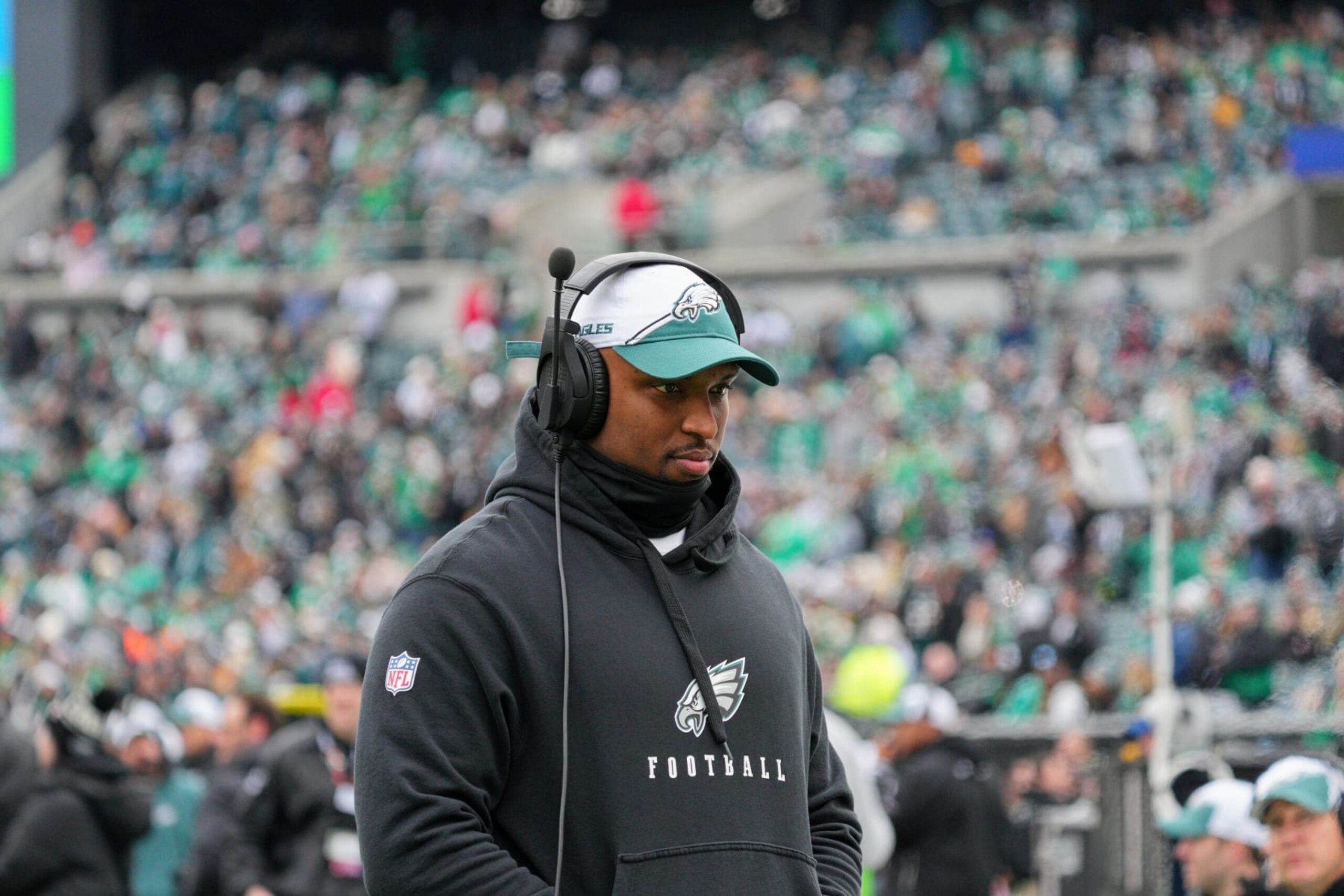 PHILADELPHIA, PA - DECEMBER 31: Philadelphia Eagles offensive coordinator Brian Johnson looks on during the game between the Arizona Cardinals and the Philadelphia Eagles on December 31, 2023 at Lincoln Financial Field. (Photo by Andy Lewis/Icon Sportswire via Getty Images)