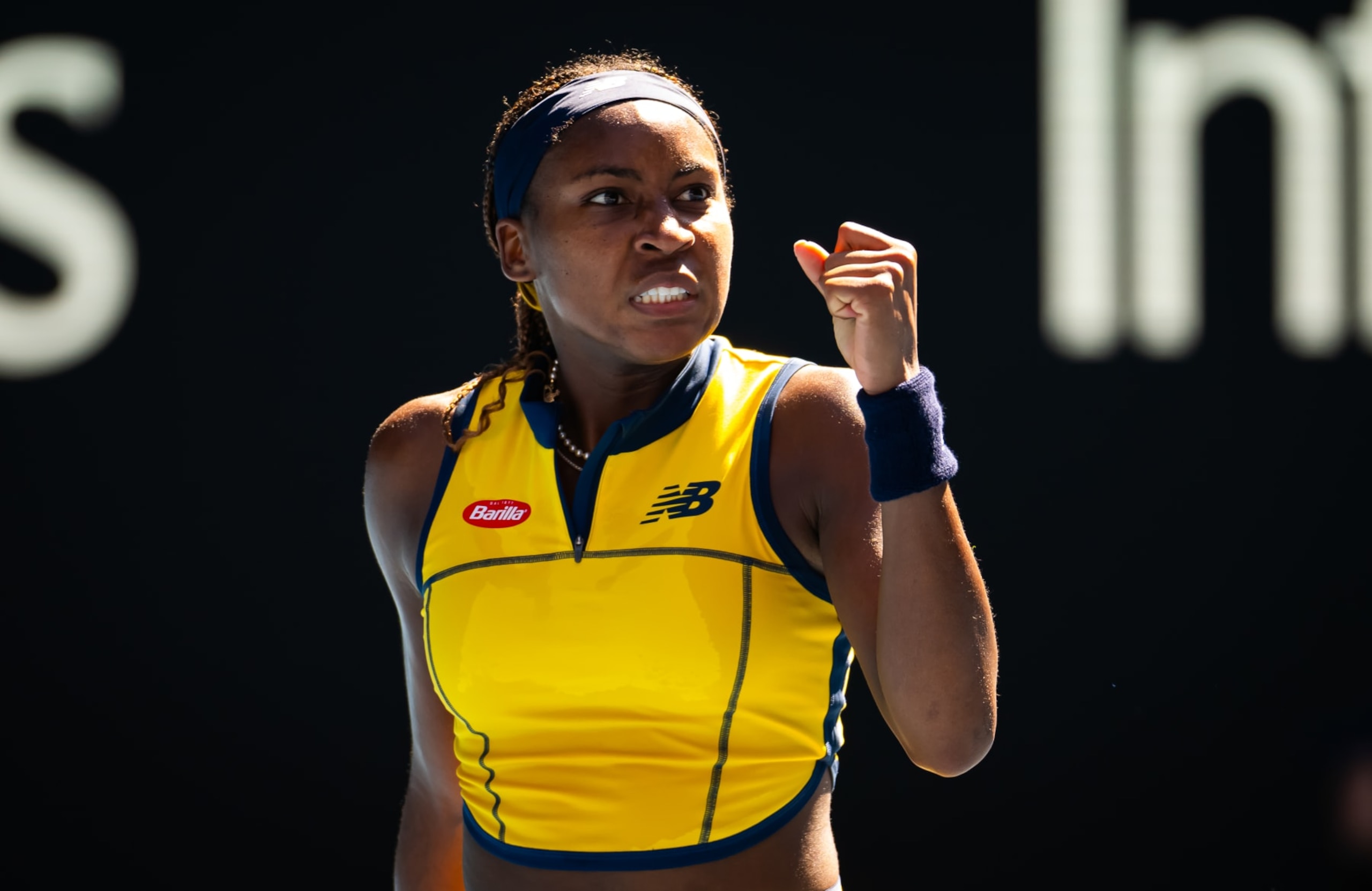MELBOURNE, AUSTRALIA - JANUARY 23: Coco Gauff of the United States in action against Marta Kostyuk of Ukraine in the women's singles quarter-final match on Day 10 of the 2024 Australian Open at Melbourne Park on January 23, 2024 in Melbourne, Australia. (Photo by Robert Prange/Getty Images)